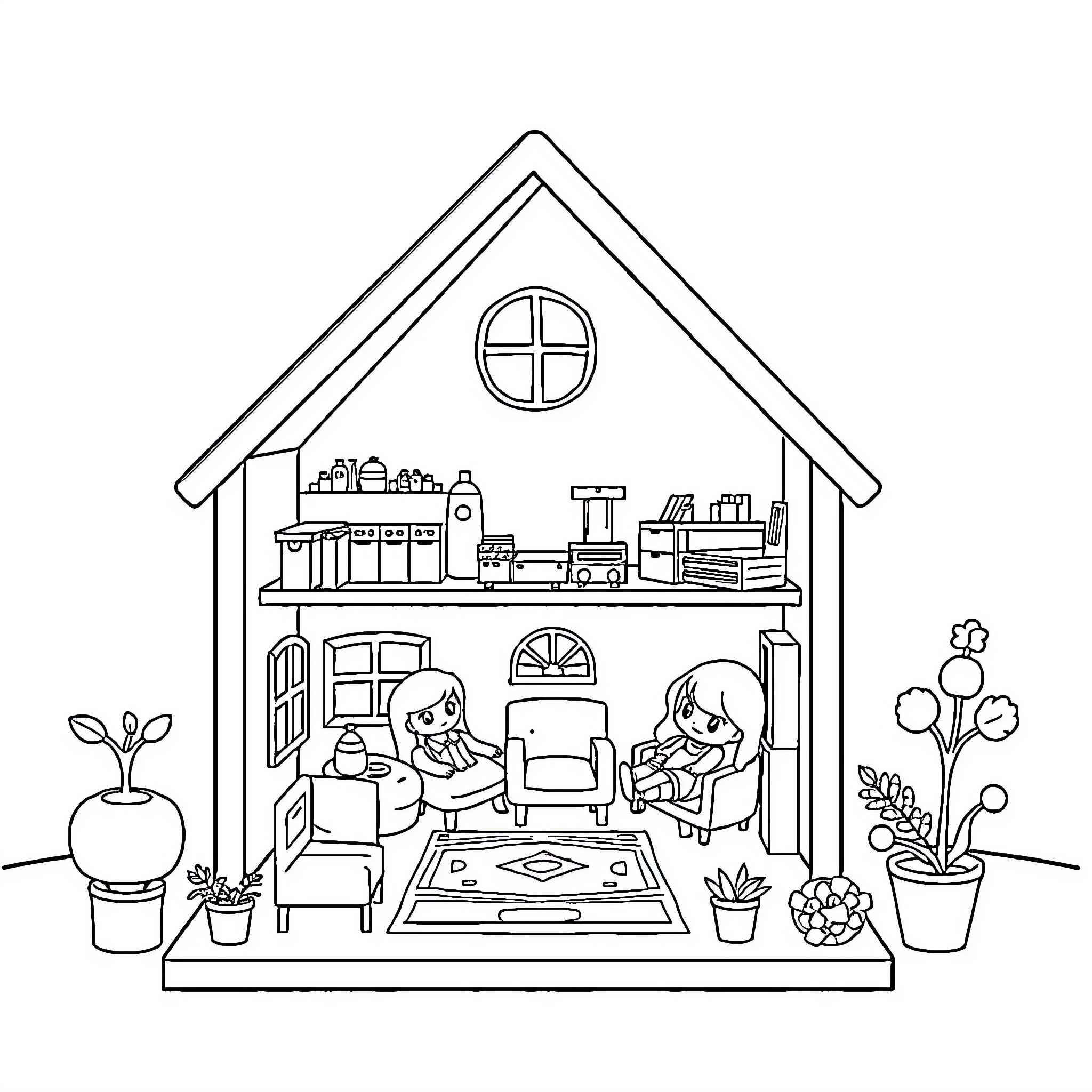 Dollhouse with children playing inside Coloring Page (free black-and-white line drawing printable PDF for all, from beginners to advanced learners, including children, teens, adults, and seniors)