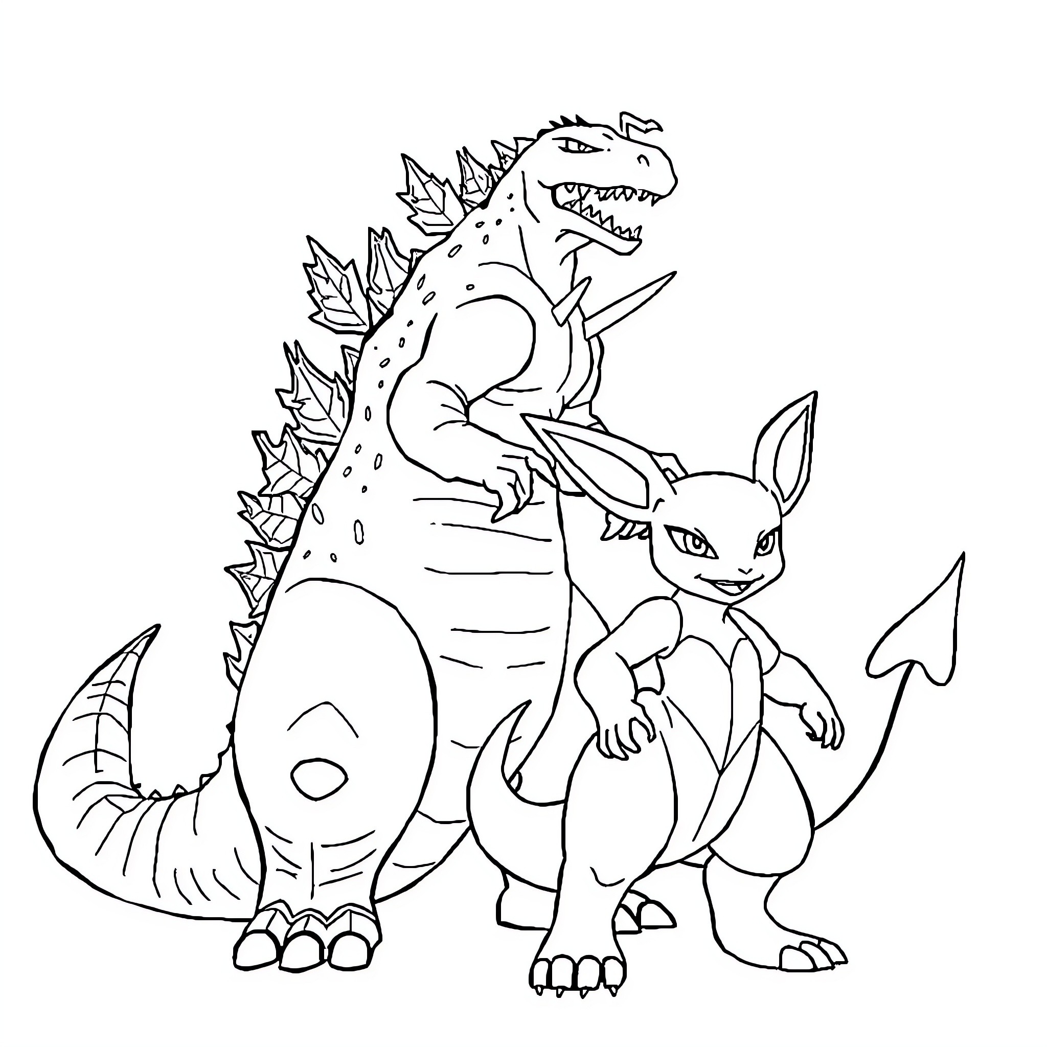Godzilla and mythical creature playing together Coloring Page (free black-and-white line drawing printable PDF for all, from beginners to advanced learners, including children, teens, adults, and seniors)