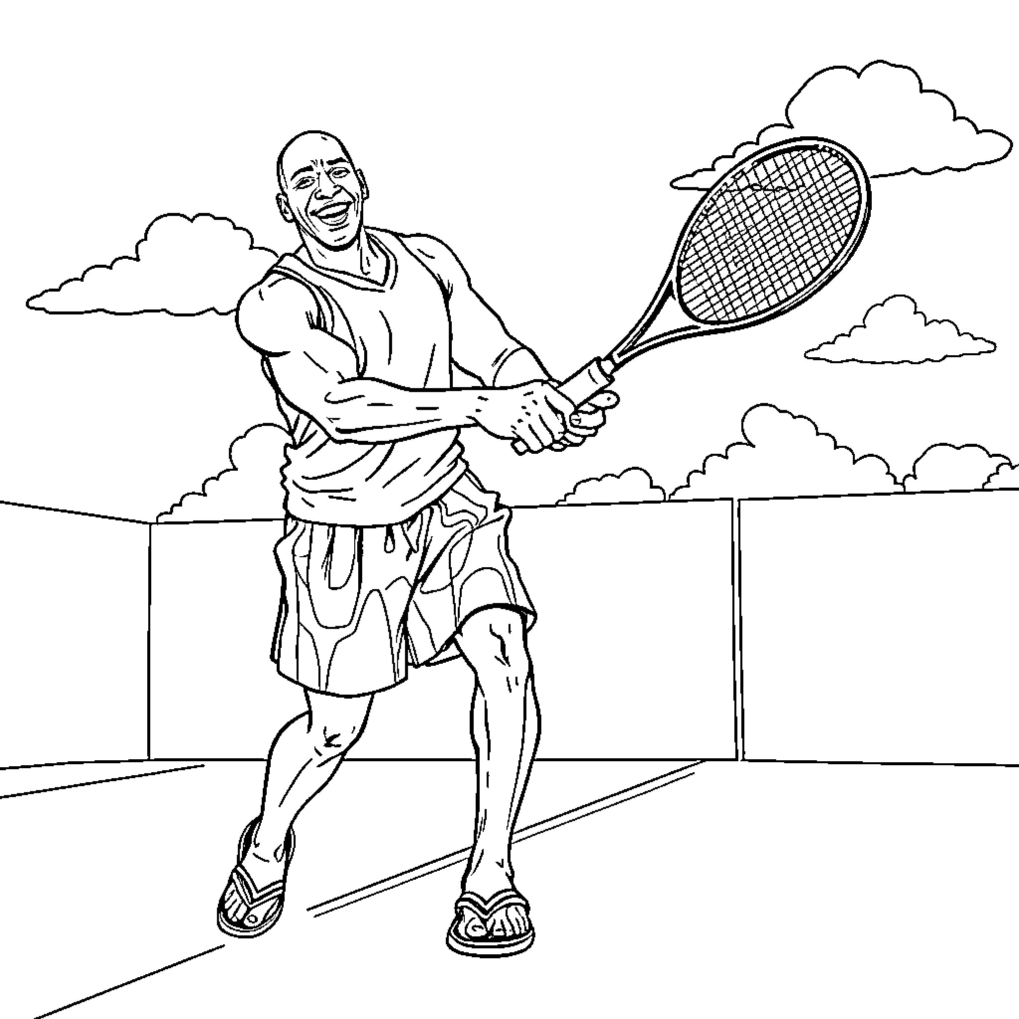 Michael Jordan playing tennis on the court Coloring Page (free black-and-white line drawing printable PDF for all, from beginners to advanced learners, including children, teens, adults, and seniors)
