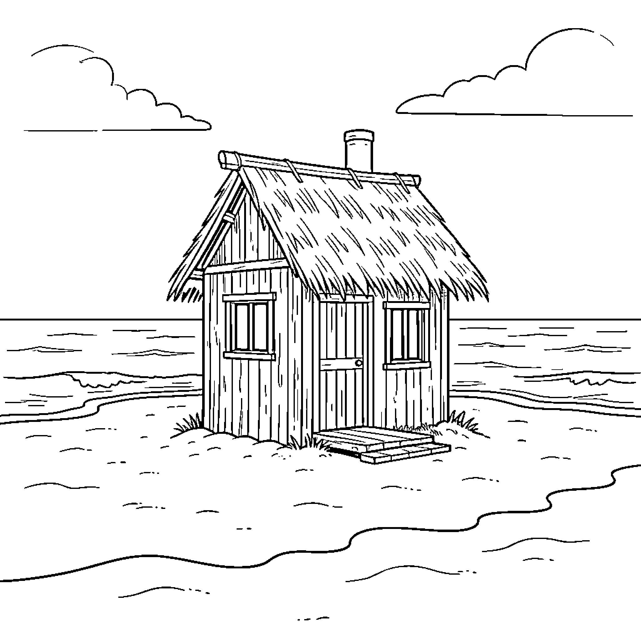 Rabat small wooden hut standing on a sandy beach Coloring Page (free black-and-white line drawing printable PDF for all, from beginners to advanced learners, including children, teens, adults, and seniors)