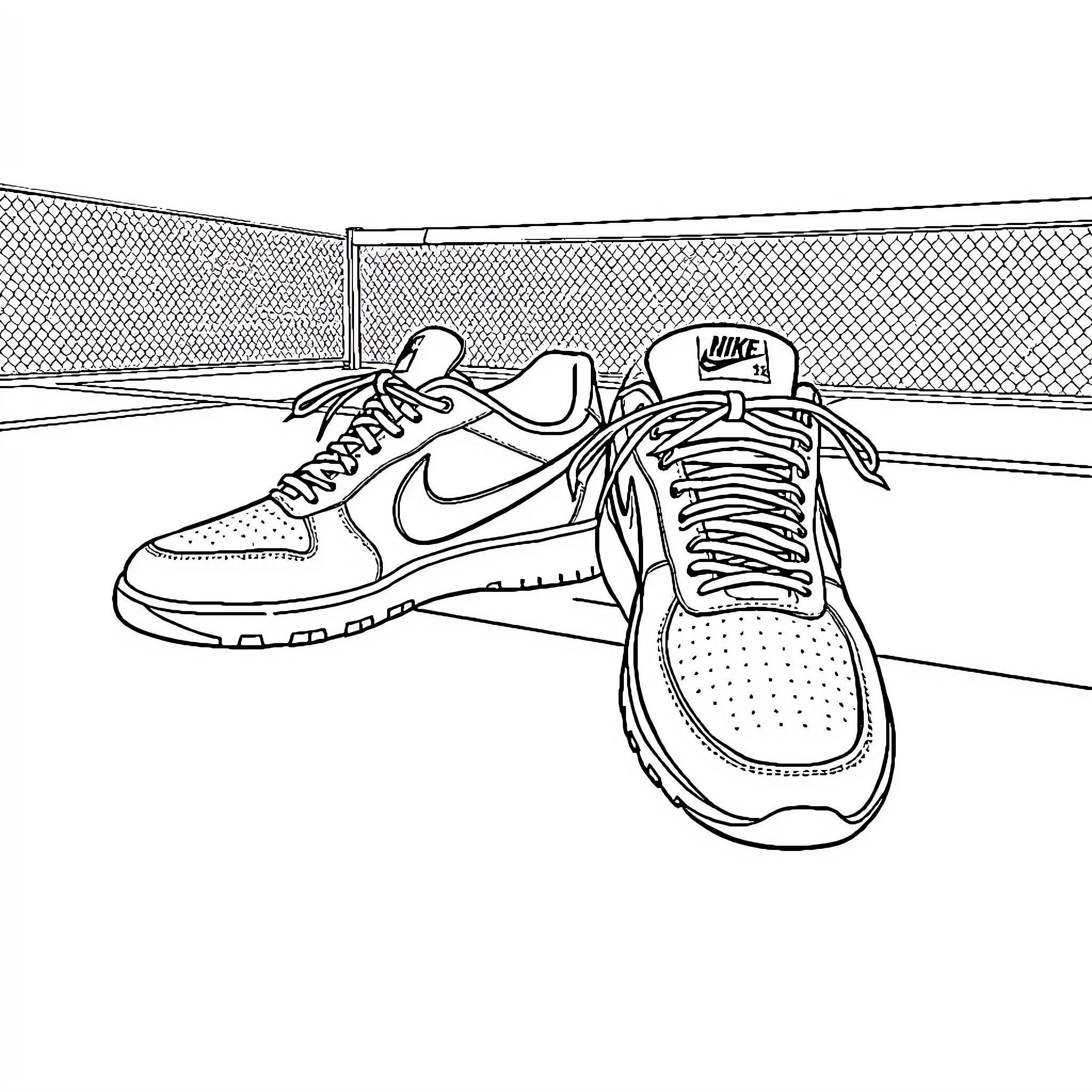 Nike Tennis Shoes on Tennis Court Coloring Page (free black-and-white line drawing printable PDF for all, from beginners to advanced learners, including children, teens, adults, and seniors)