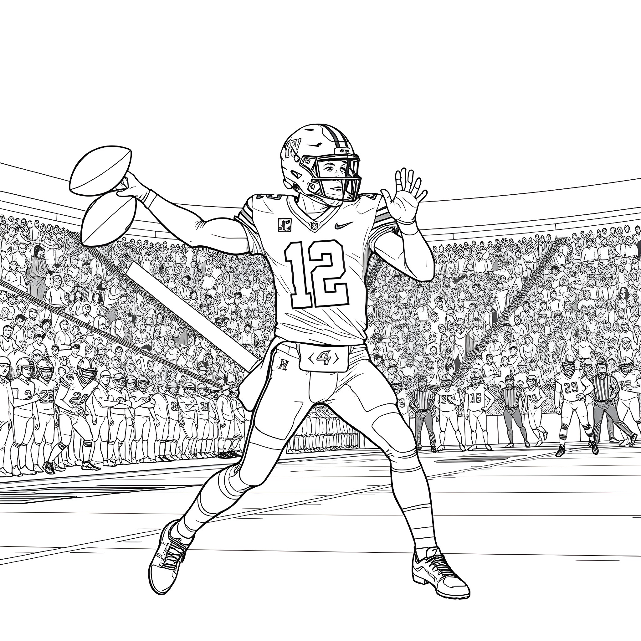 Jalen Hurts Preparing to Throw Football in Stadium Coloring Page (free black-and-white line drawing printable PDF for all, from beginners to advanced learners, including children, teens, adults, and seniors)