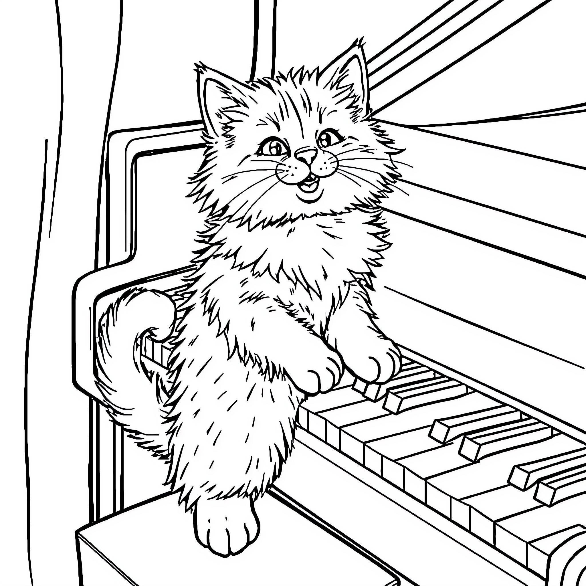 Cat playing on piano keys Coloring Page (free black-and-white line drawing printable PDF for all, from beginners to advanced learners, including children, teens, adults, and seniors)