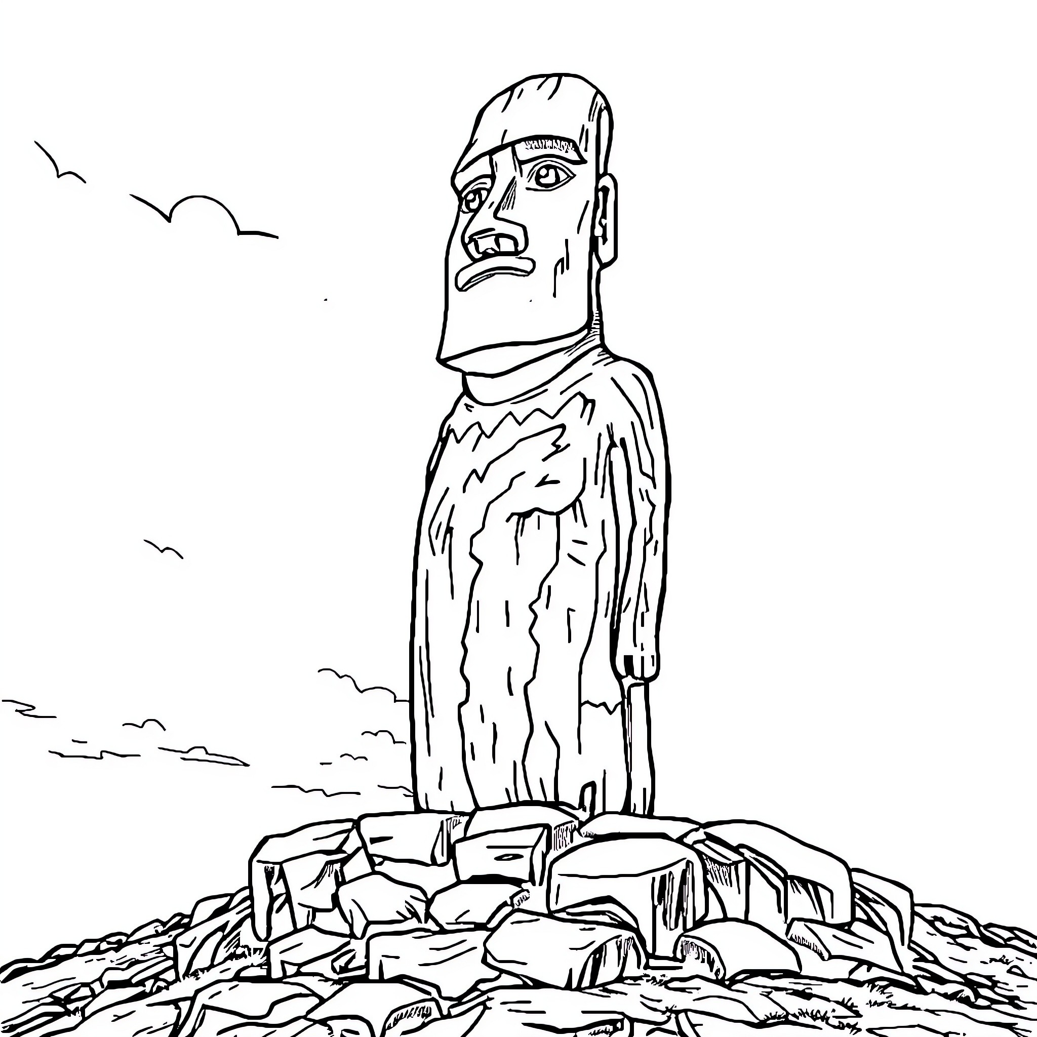 Moai statue overlooking the rocky landscape Coloring Page (free black-and-white line drawing printable PDF for all, from beginners to advanced learners, including children, teens, adults, and seniors)