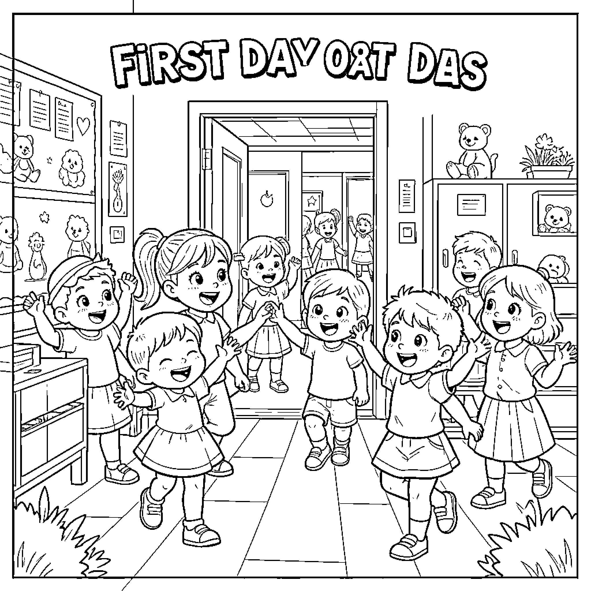 Kindergarten children celebrating and cheering together happily Coloring Page (free black-and-white line drawing printable PDF for all, from beginners to advanced learners, including children, teens, adults, and seniors)