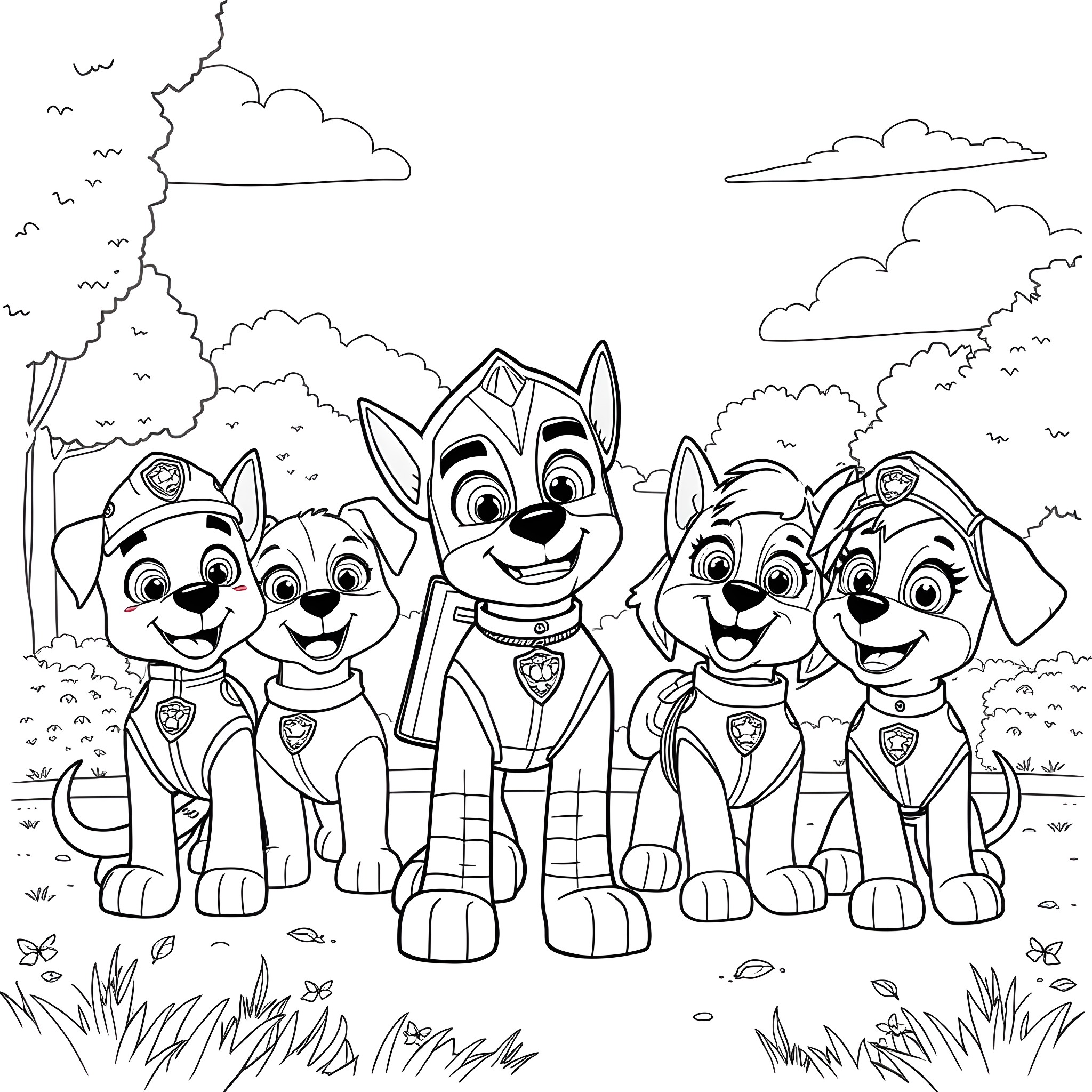 Paw Patrol pups exploring the outdoors together Coloring Page (free black-and-white line drawing printable PDF for all, from beginners to advanced learners, including children, teens, adults, and seniors)
