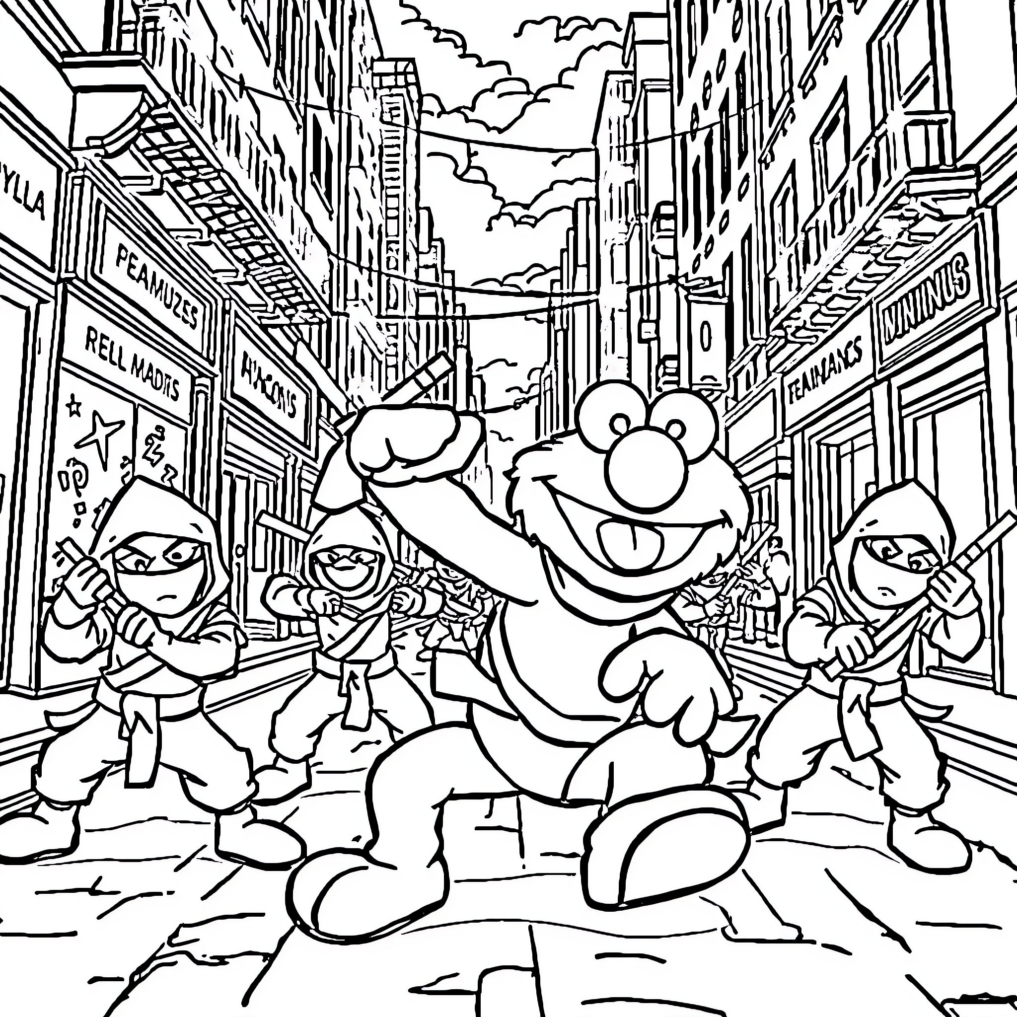 Elmo's Chaotic City Adventure Coloring Page (free black-and-white line drawing printable PDF for all, from beginners to advanced learners, including children, teens, adults, and seniors)