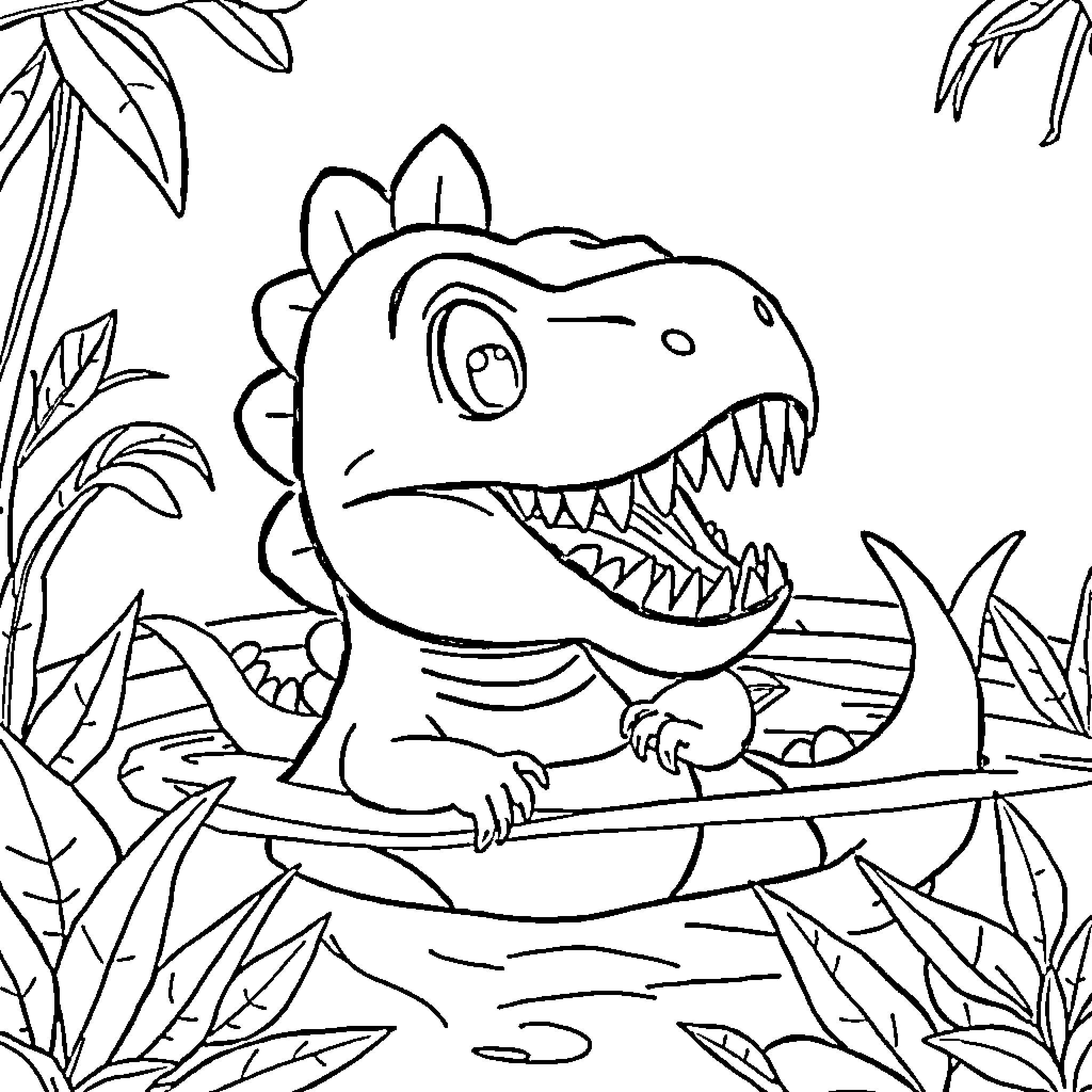 Dinosaur hunting for prey in the jungle Coloring Page (free black-and-white line drawing printable PDF for all, from beginners to advanced learners, including children, teens, adults, and seniors)