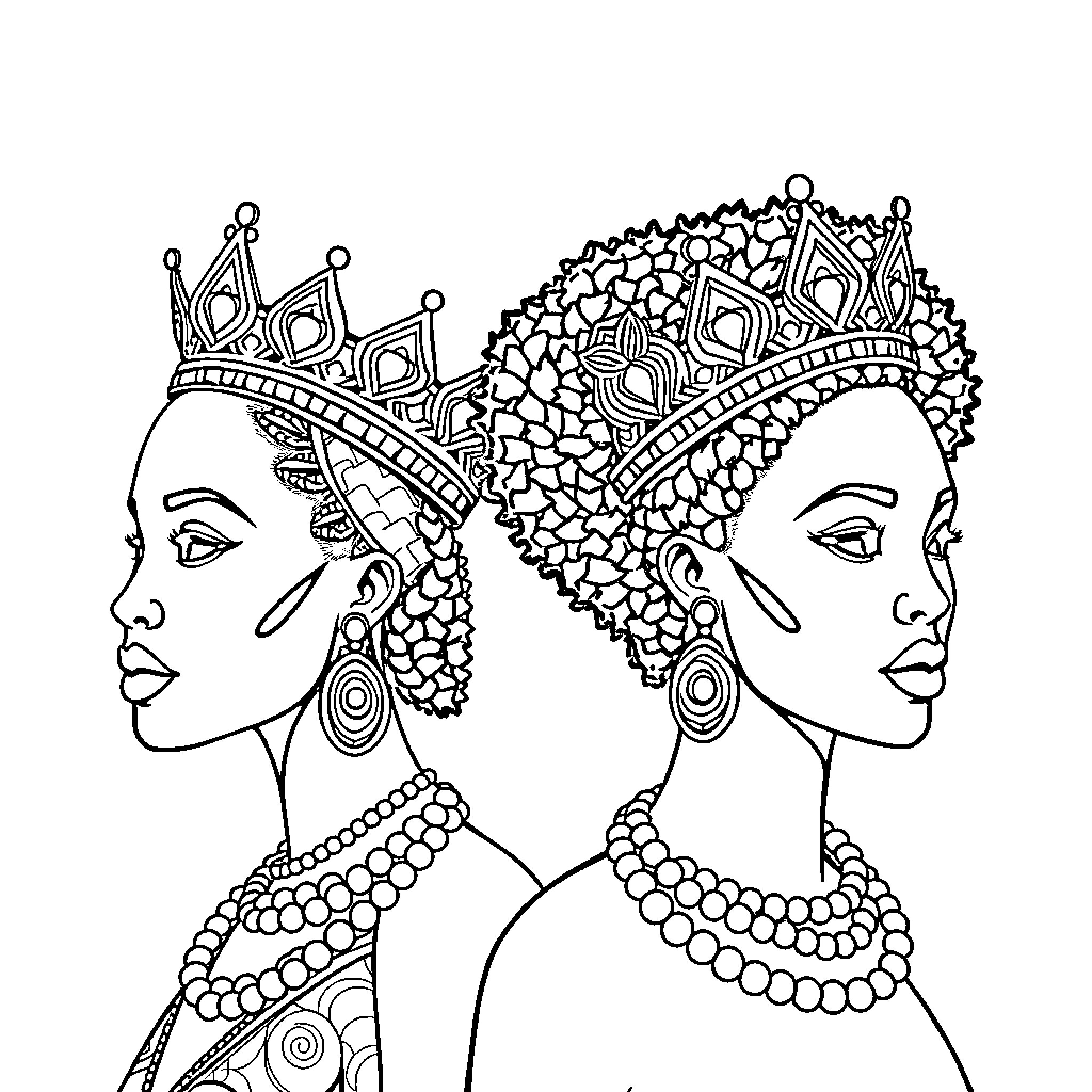 Woman in ornate headdresses and traditional jewelry Coloring Page (free black-and-white line drawing printable PDF for all, from beginners to advanced learners, including children, teens, adults, and seniors)
