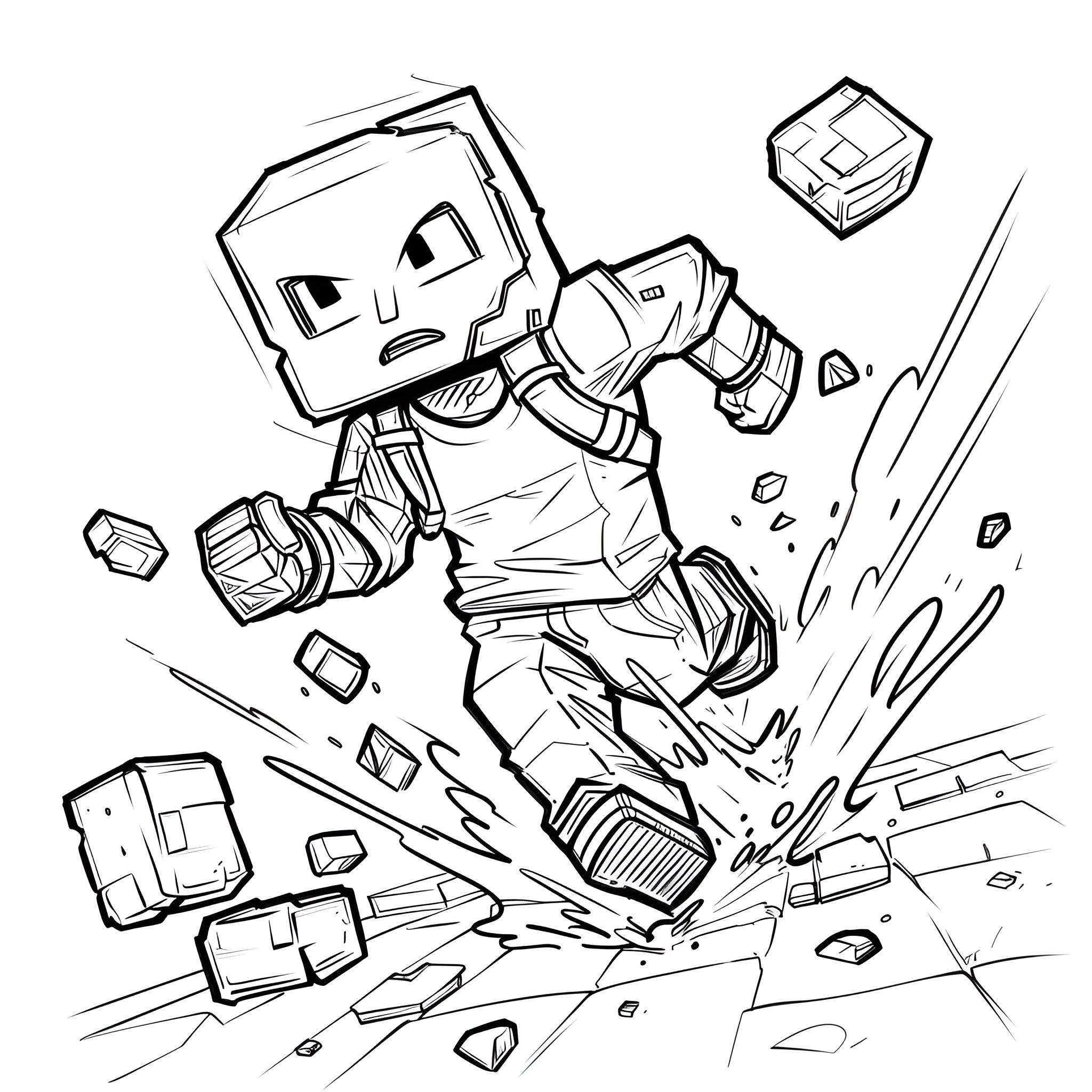 Minecraft Character Running Coloring Page (free black-and-white line drawing printable PDF for all, from beginners to advanced learners, including children, teens, adults, and seniors)