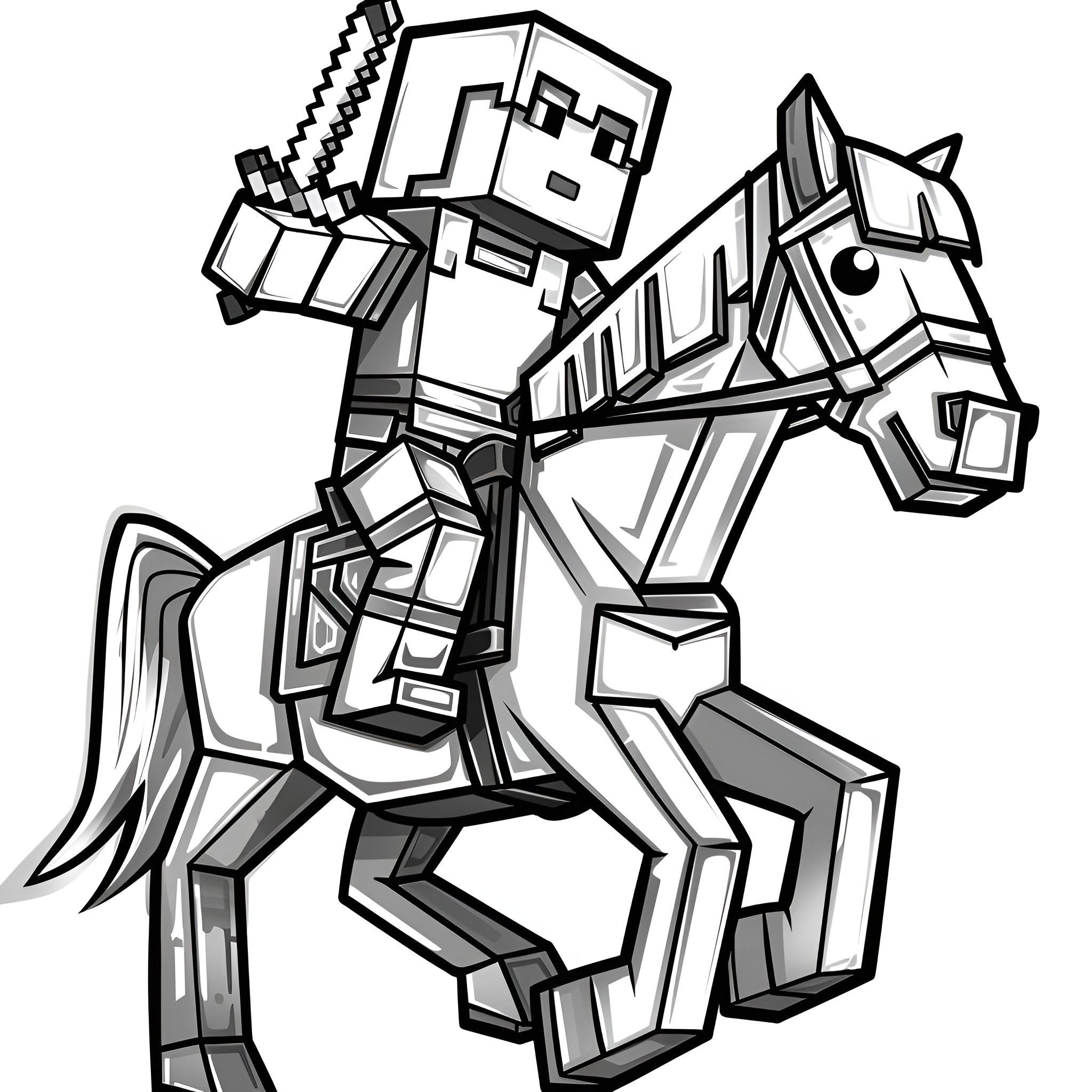Minecraft character riding horse Coloring Page (free black-and-white line drawing printable PDF for all, from beginners to advanced learners, including children, teens, adults, and seniors)