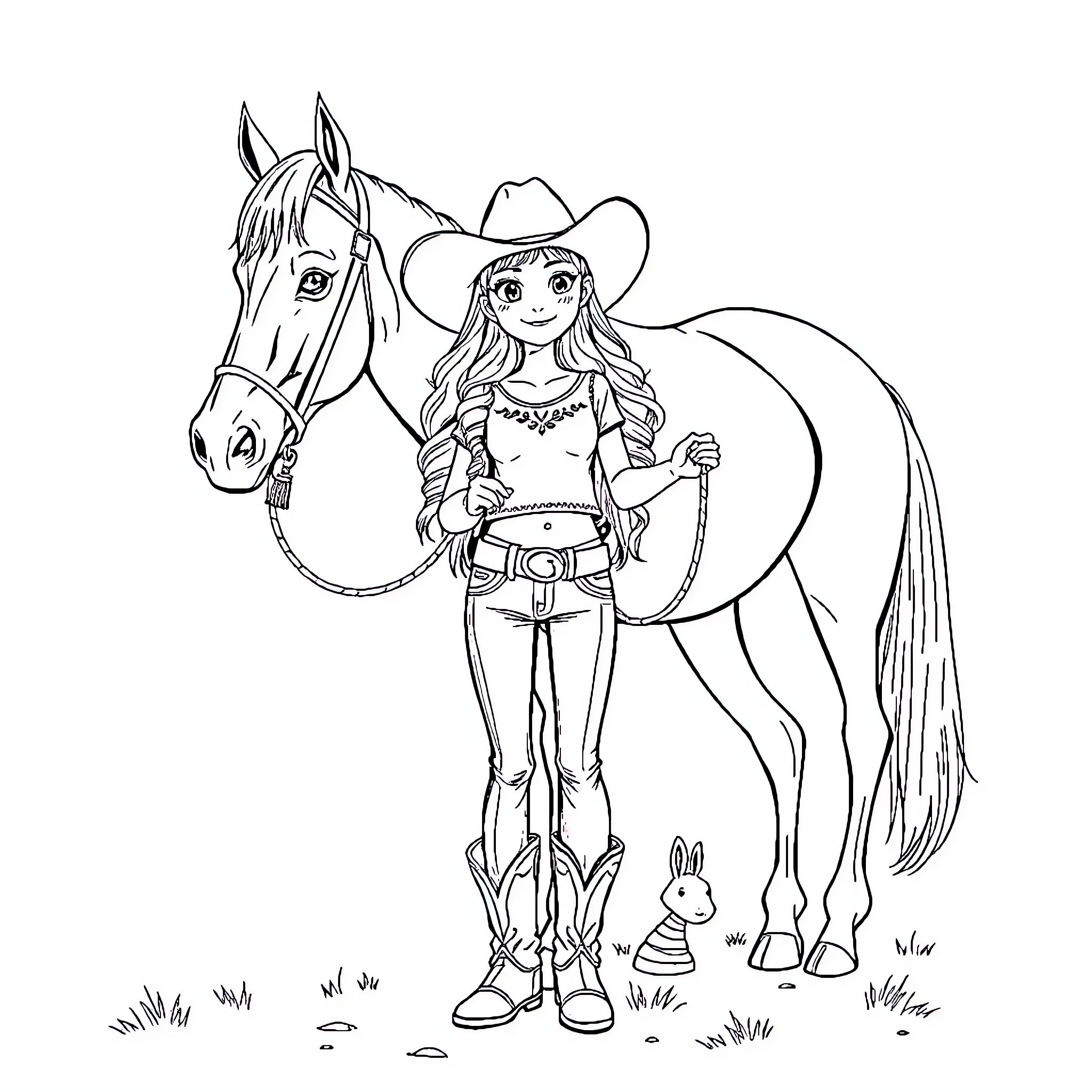 Girl with Horse and Rabbit on a Country Scene Coloring Page (free black-and-white line drawing printable PDF for all, from beginners to advanced learners, including children, teens, adults, and seniors)