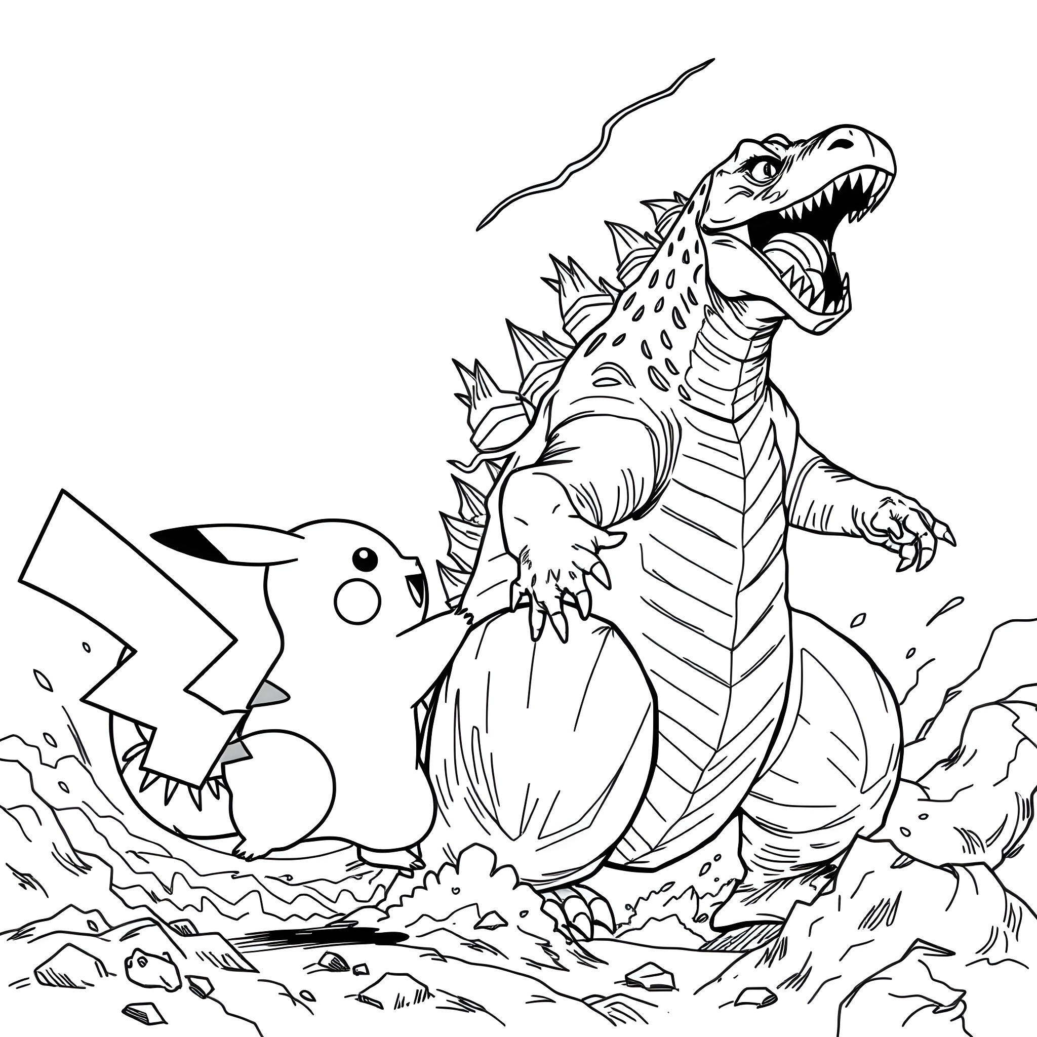 Pikachu and Kaiju facing off in battle Coloring Page (free black-and-white line drawing printable PDF for all, from beginners to advanced learners, including children, teens, adults, and seniors)