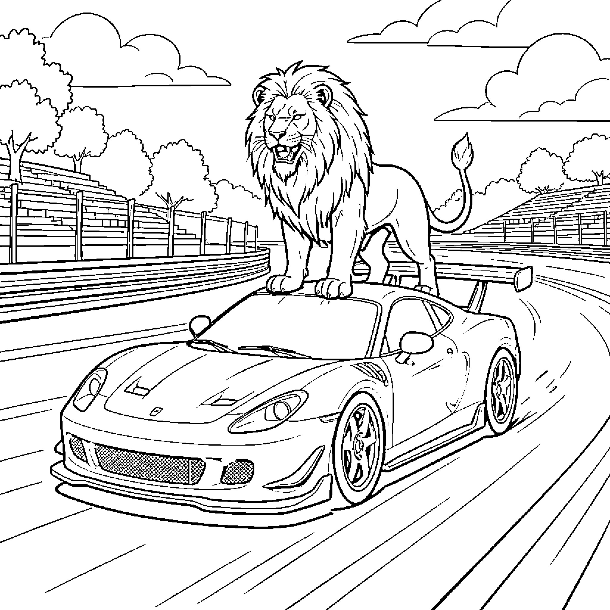 Racing Car with Lion on the Road Coloring Page (free black-and-white line drawing printable PDF for all, from beginners to advanced learners, including children, teens, adults, and seniors)