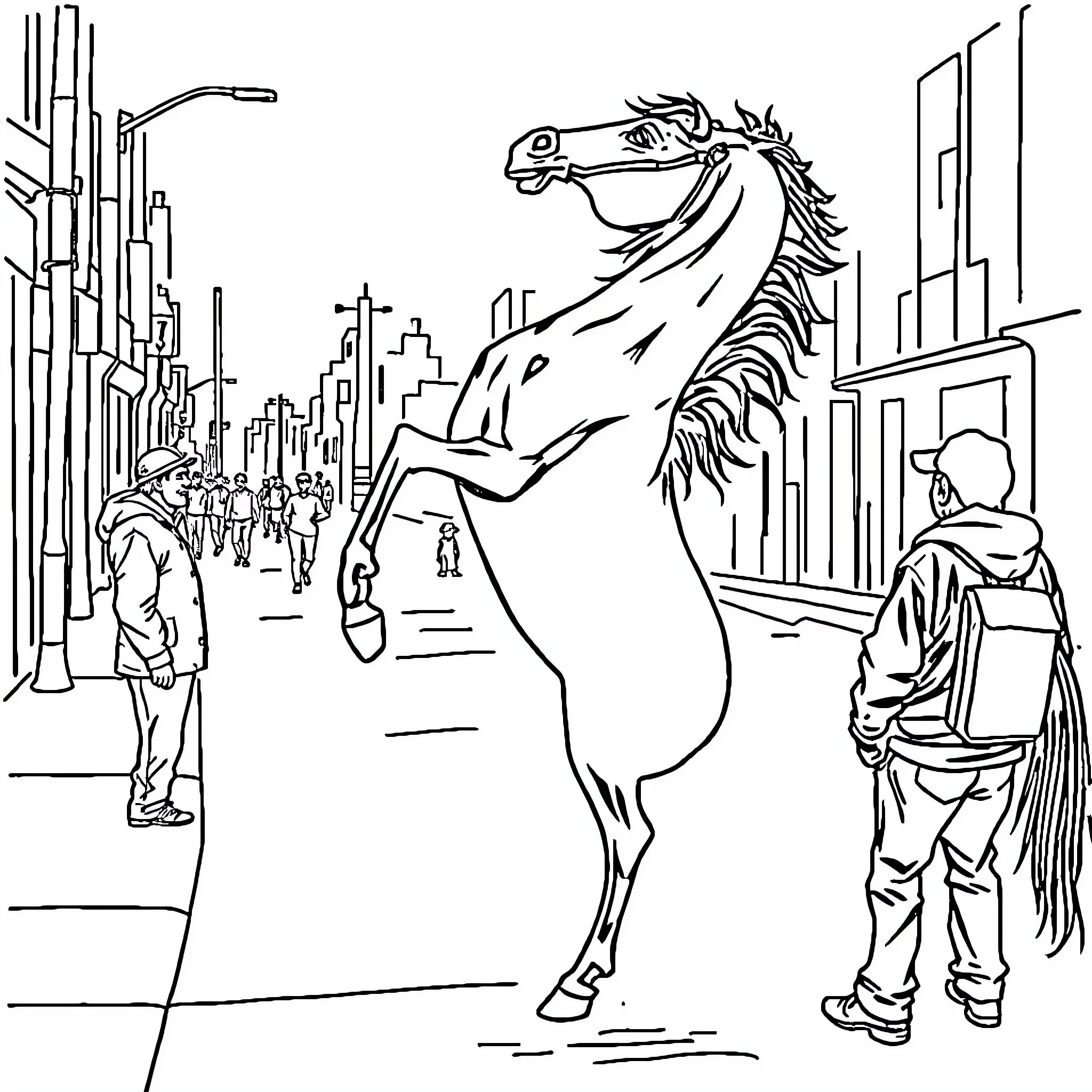 Horse Statue Stands Tall in Bustling City Coloring Page (free black-and-white line drawing printable PDF for all, from beginners to advanced learners, including children, teens, adults, and seniors)