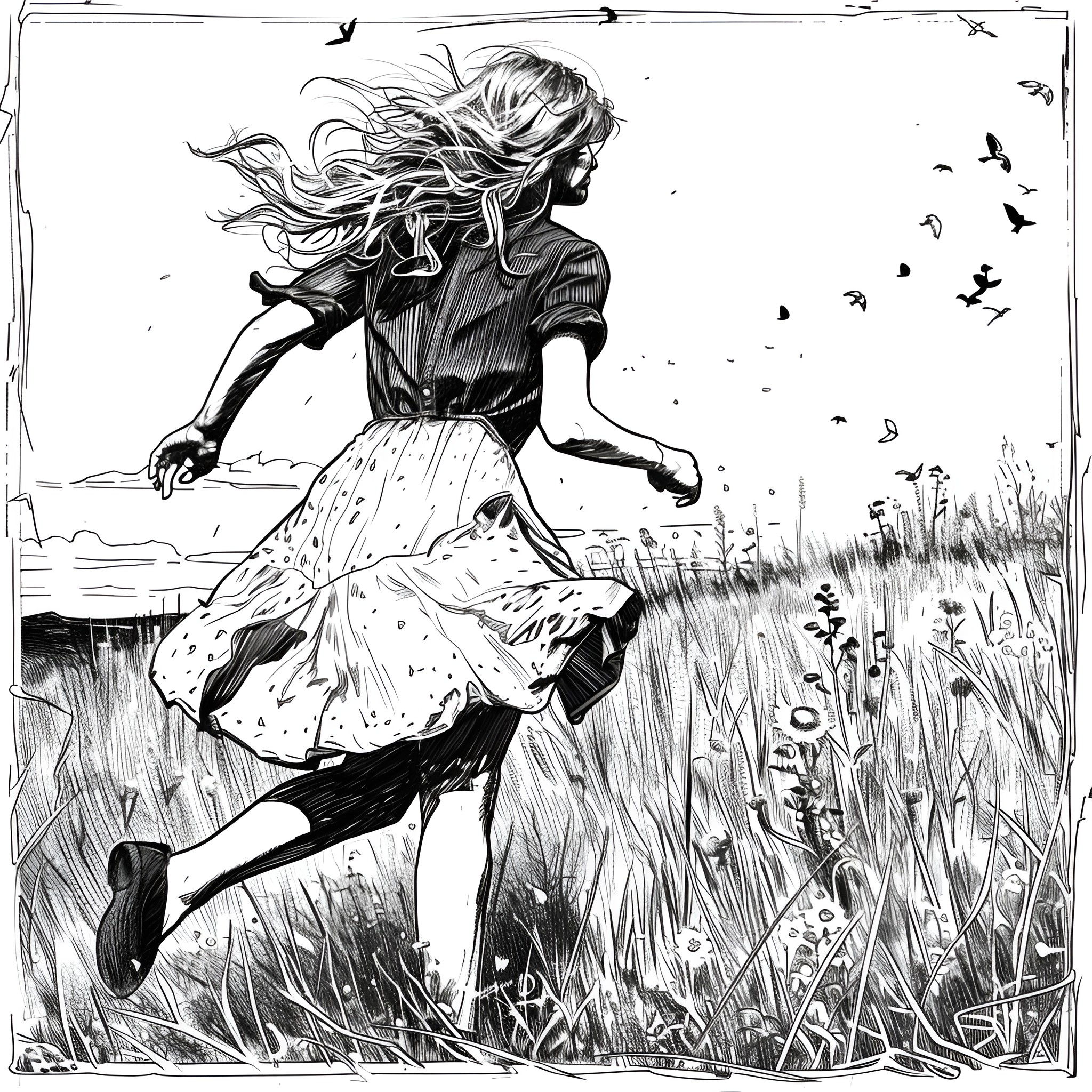 Taylor Swift running joyfully through a meadow Coloring Page (free black-and-white line drawing printable PDF for all, from beginners to advanced learners, including children, teens, adults, and seniors)