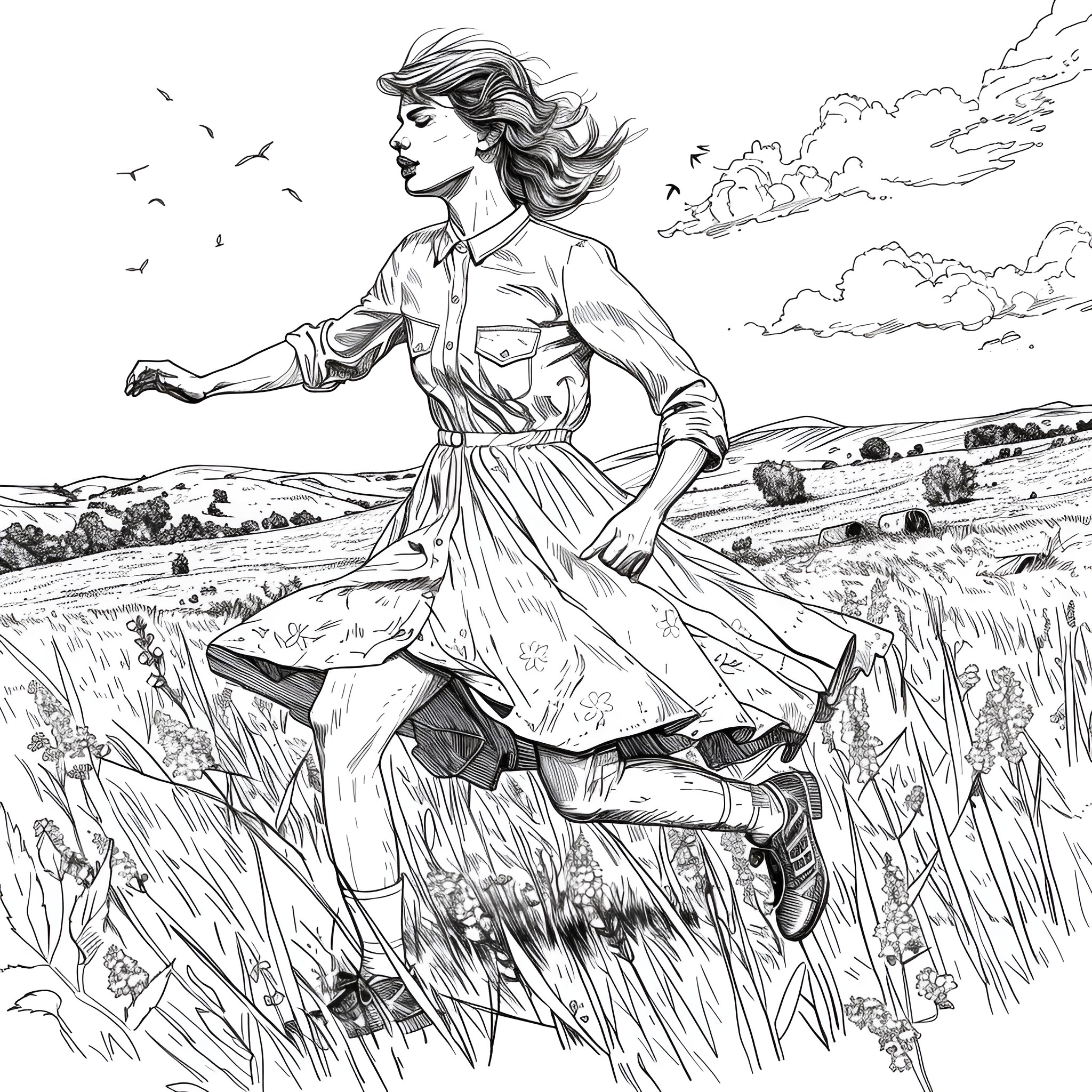 Taylor Swift running joyfully through a scenic countryside Coloring Page (free black-and-white line drawing printable PDF for all, from beginners to advanced learners, including children, teens, adults, and seniors)