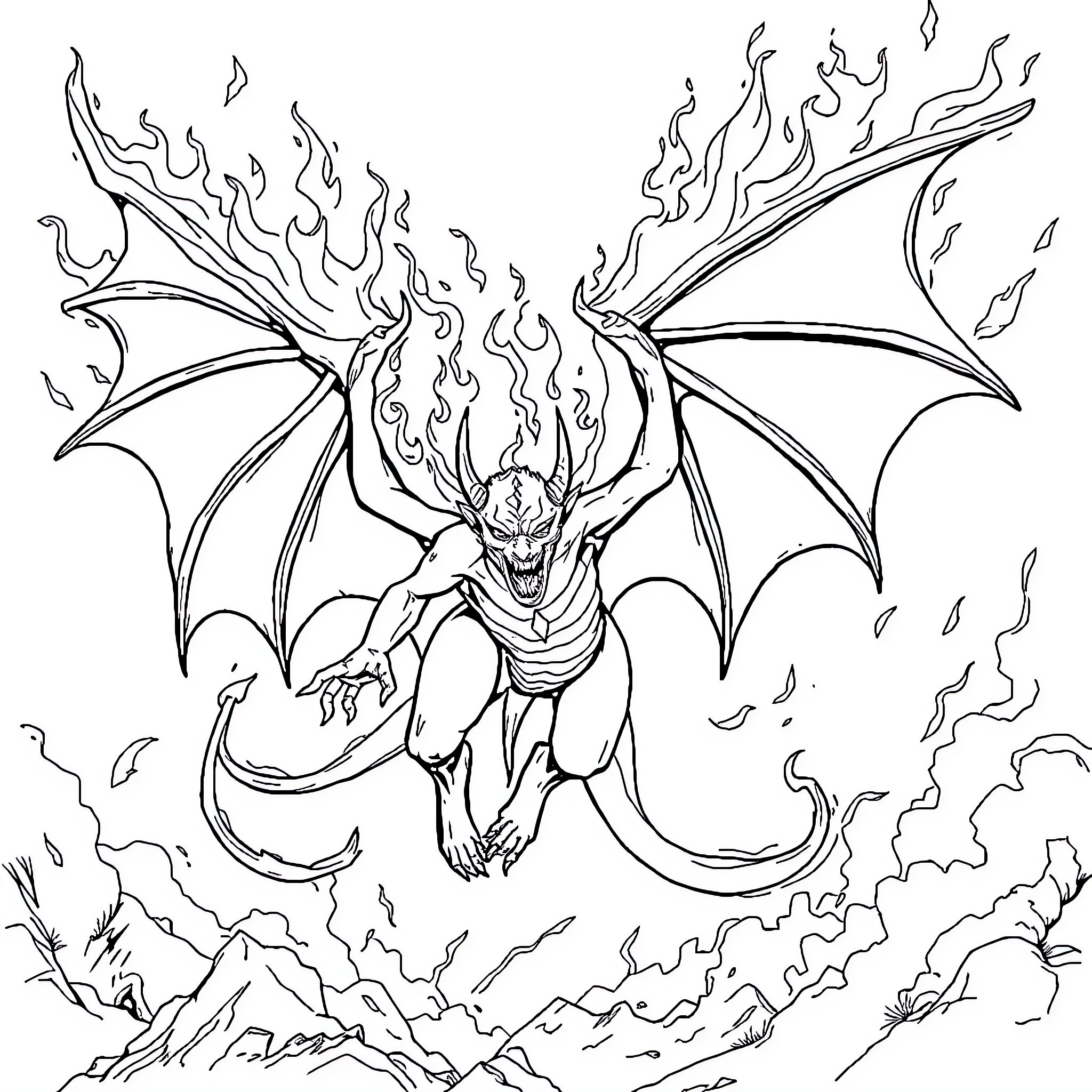 Fire Demon Spreading Its Fiery Wings over a Mountainous Landscape Coloring Page (free black-and-white line drawing printable PDF for all, from beginners to advanced learners, including children, teens, adults, and seniors)
