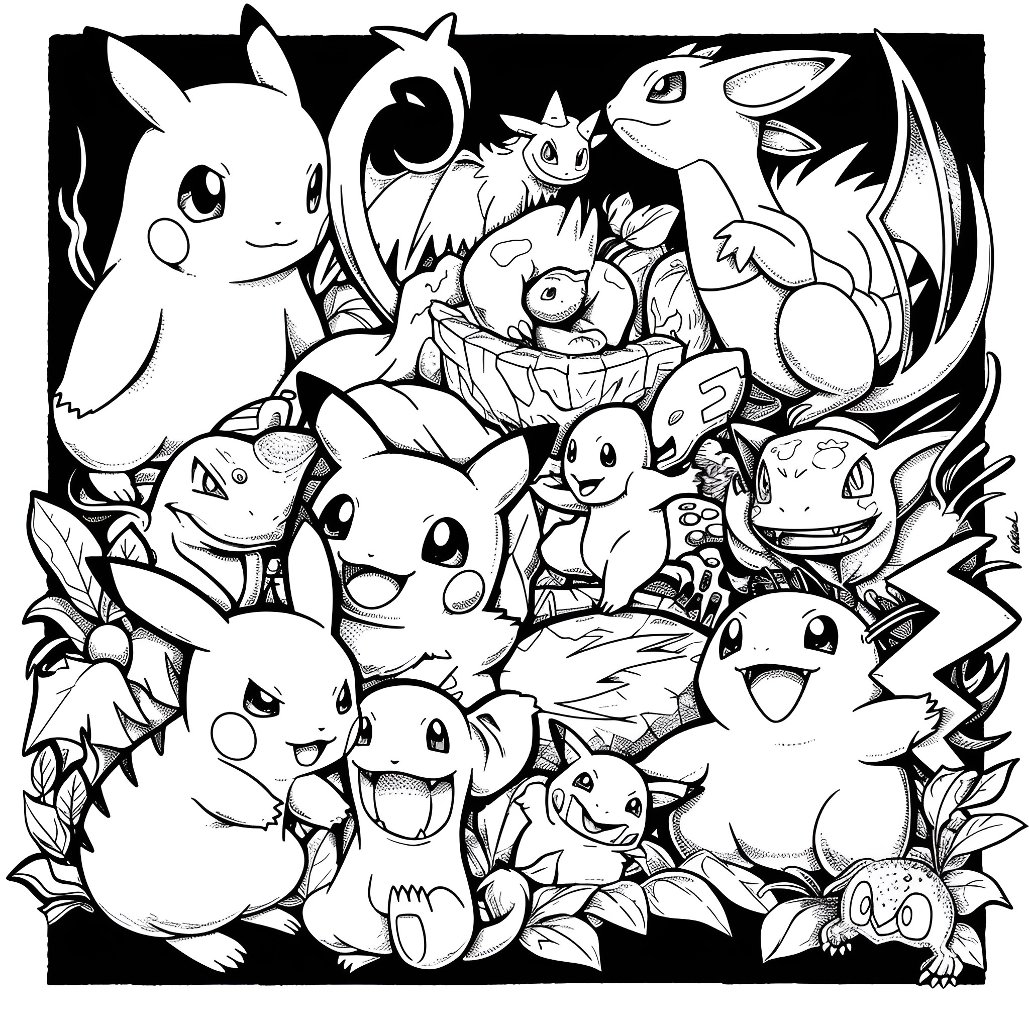 Pokemon characters happily gathered in a whimsical scene Coloring Page (free black-and-white line drawing printable PDF for all, from beginners to advanced learners, including children, teens, adults, and seniors)