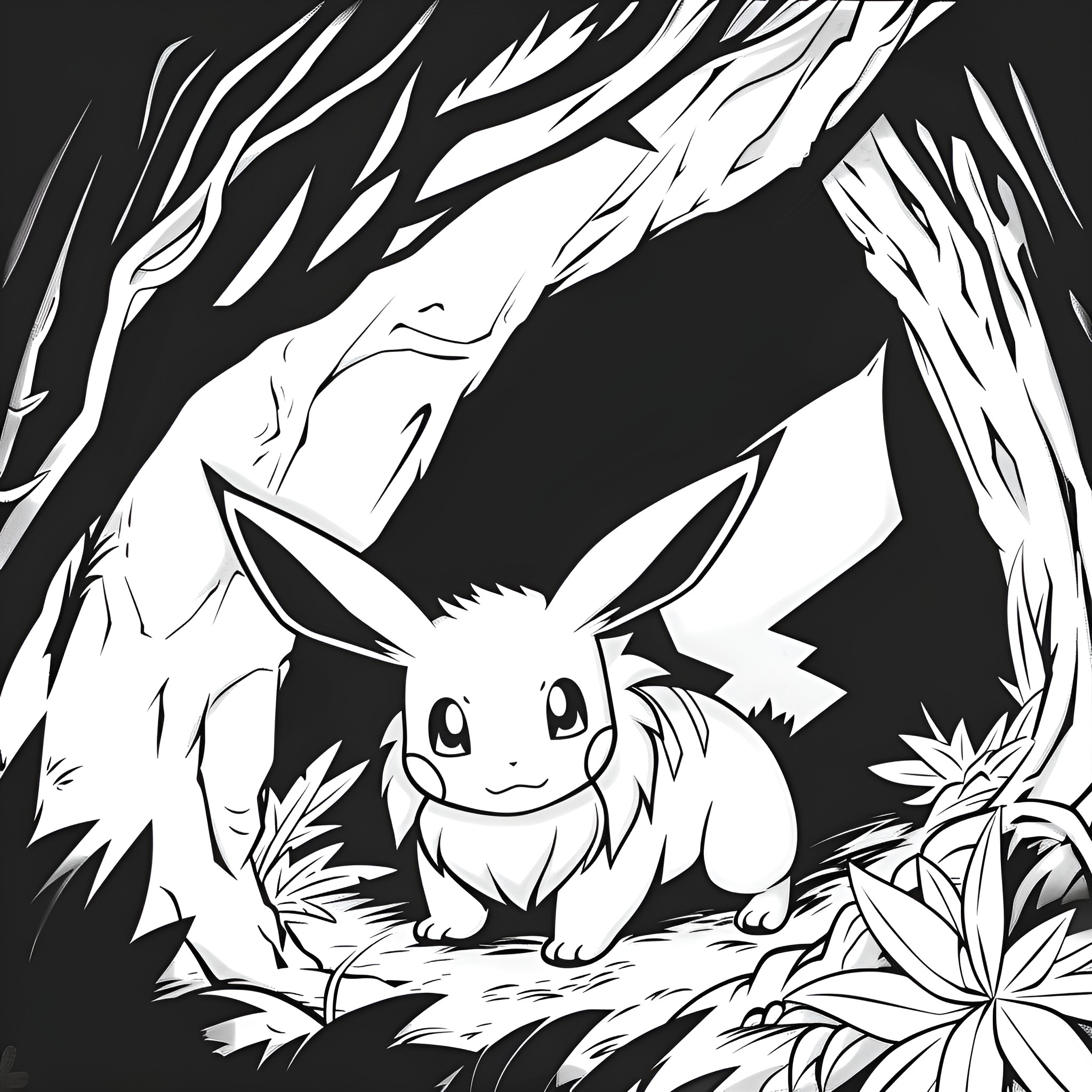 Pokemon Eevee exploring the forest with a curious expression Coloring Page (free black-and-white line drawing printable PDF for all, from beginners to advanced learners, including children, teens, adults, and seniors)