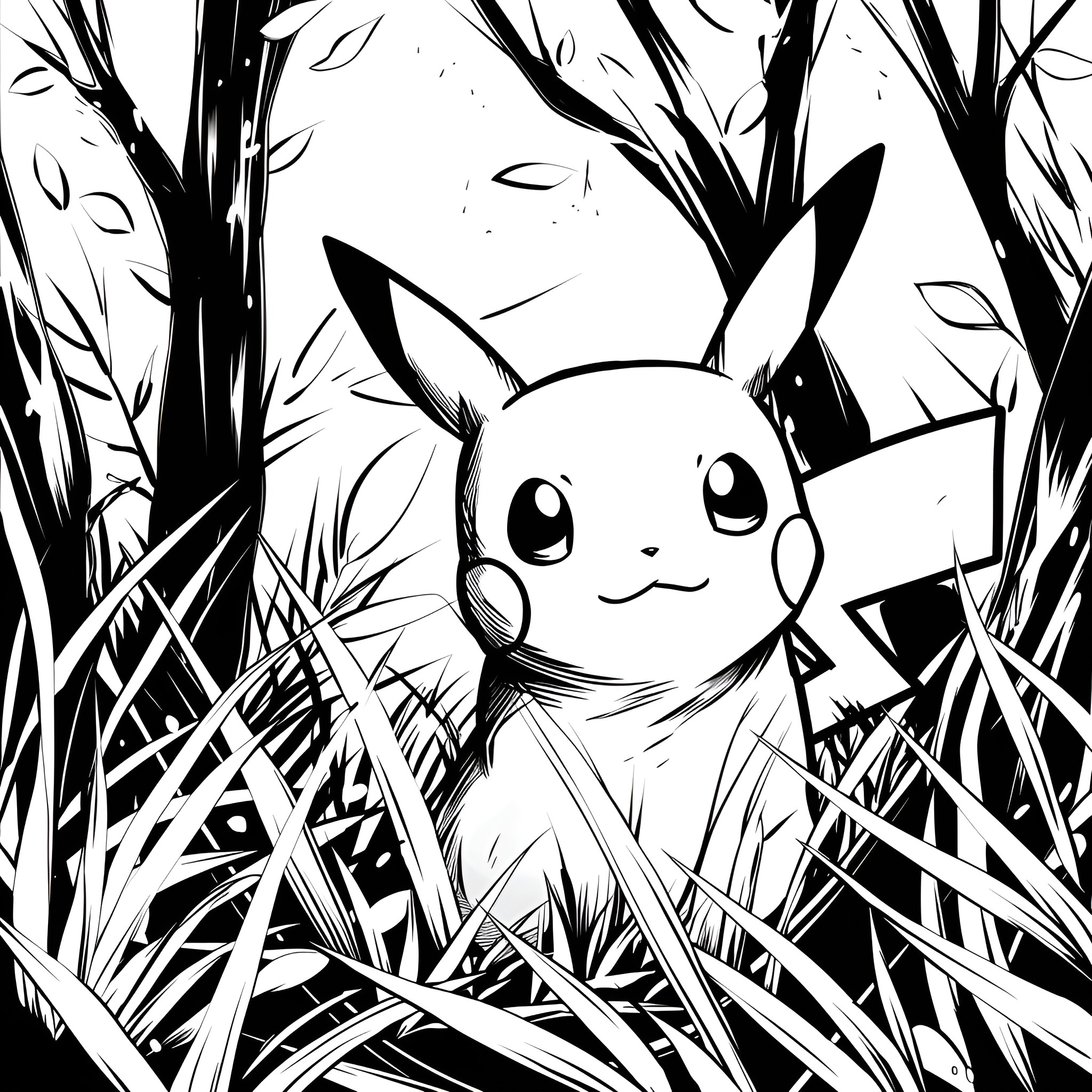 Pokemon Pikachu peeking out from tall grass Coloring Page (free black-and-white line drawing printable PDF for all, from beginners to advanced learners, including children, teens, adults, and seniors)