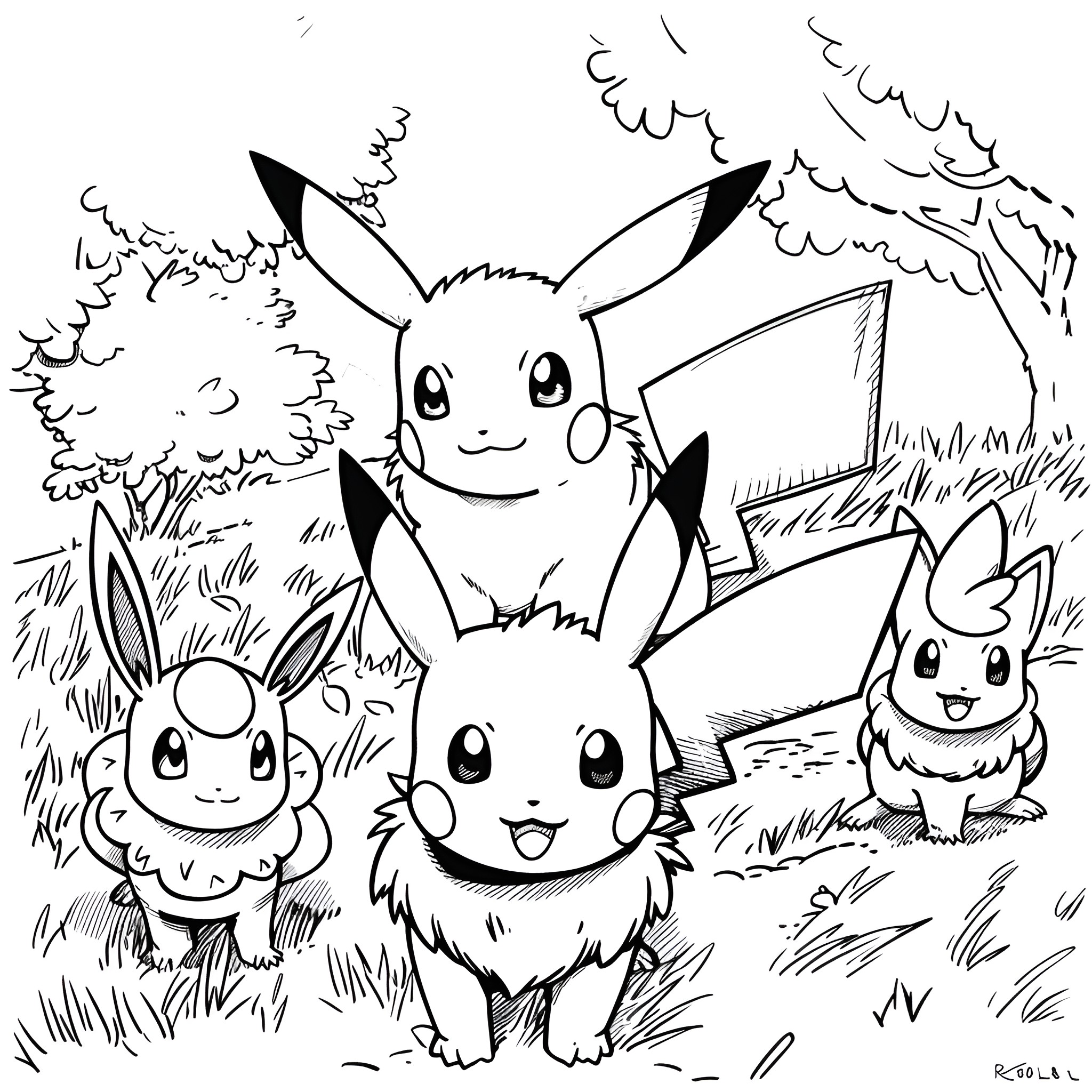 Pokemon characters in a playful outdoor scene Coloring Page (free black-and-white line drawing printable PDF for all, from beginners to advanced learners, including children, teens, adults, and seniors)
