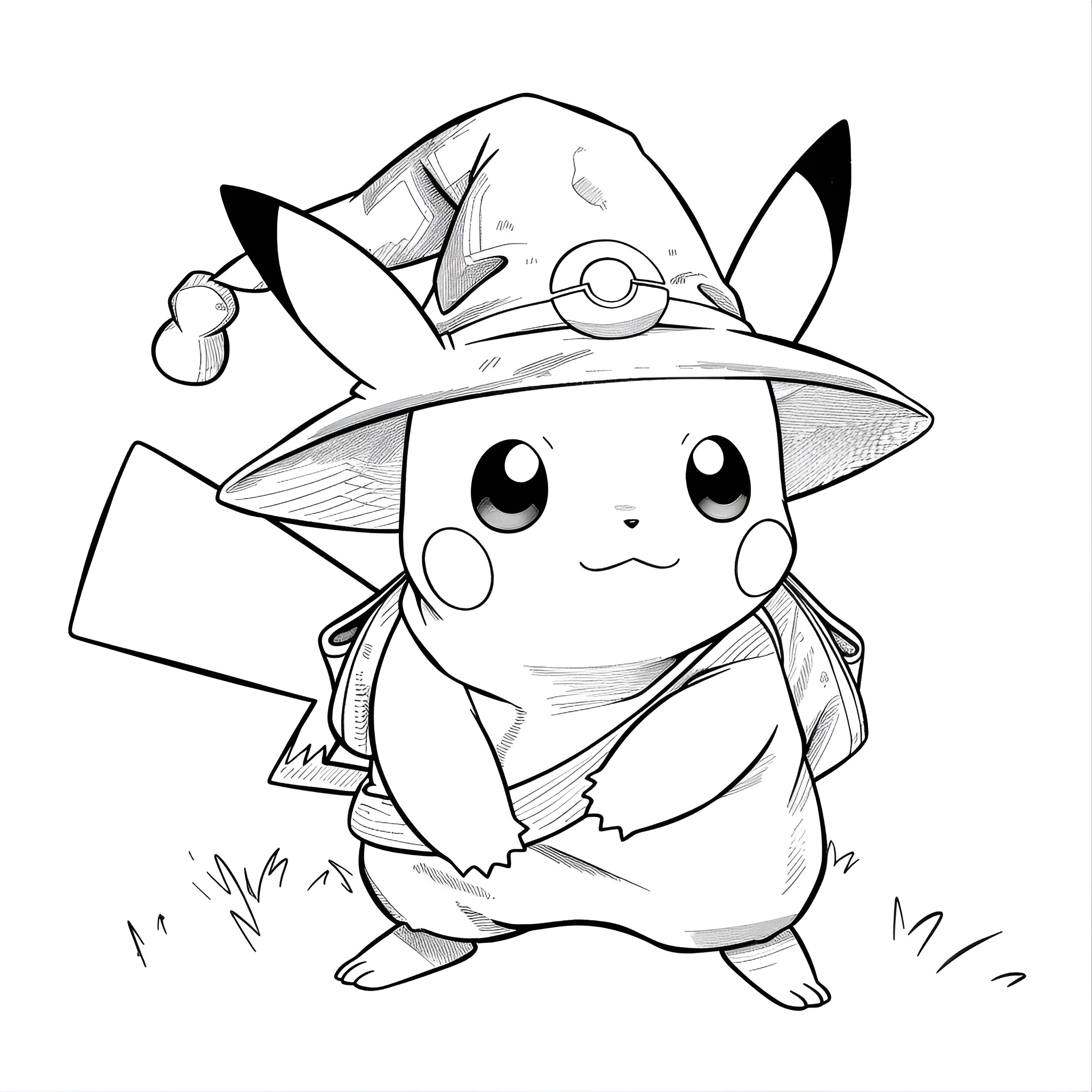 Pokemon Pikachu wearing a wizard hat and holding a wand Coloring Page (free black-and-white line drawing printable PDF for all, from beginners to advanced learners, including children, teens, adults, and seniors)