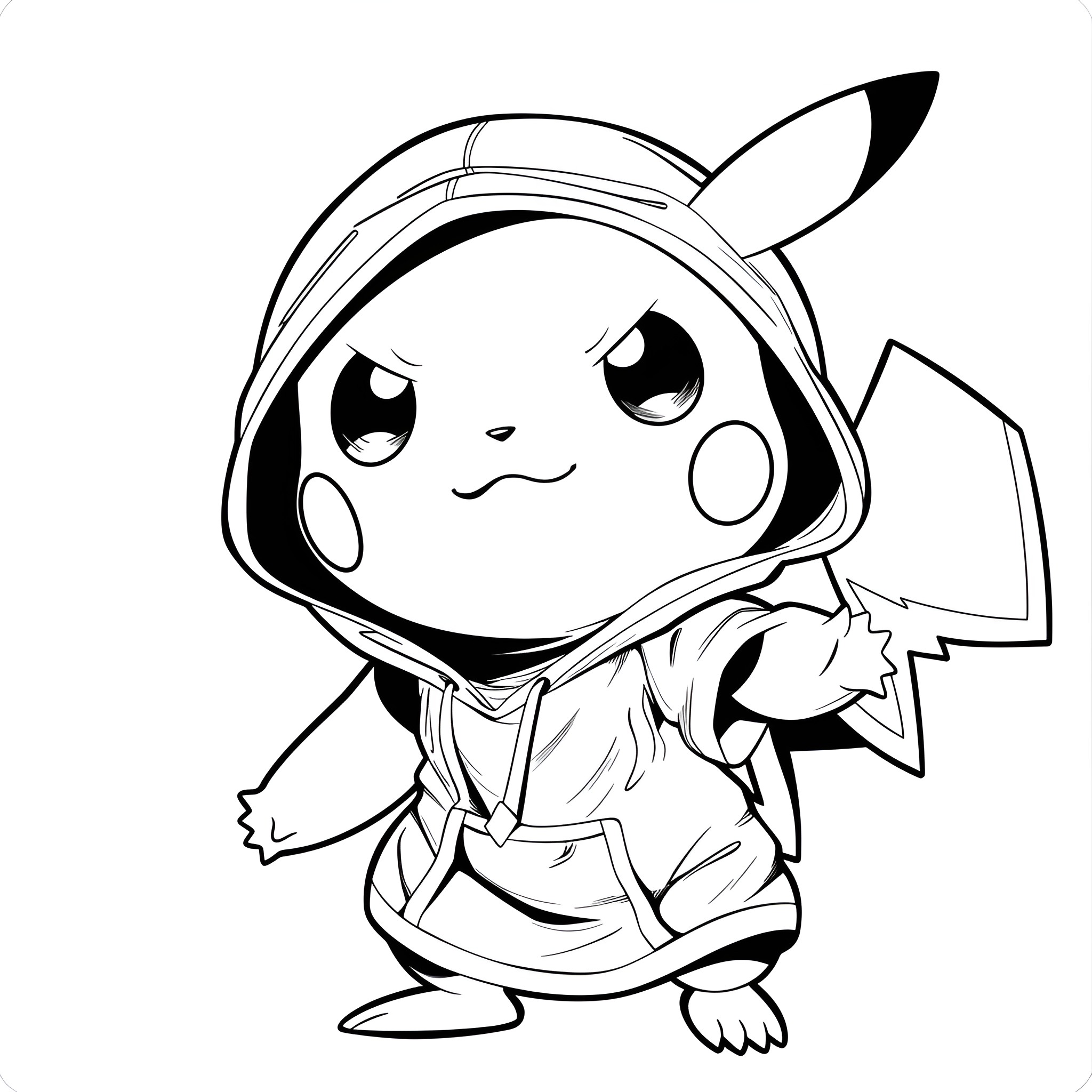 Pokemon Pikachu in a cute ninja costume Coloring Page (free black-and-white line drawing printable PDF for all, from beginners to advanced learners, including children, teens, adults, and seniors)