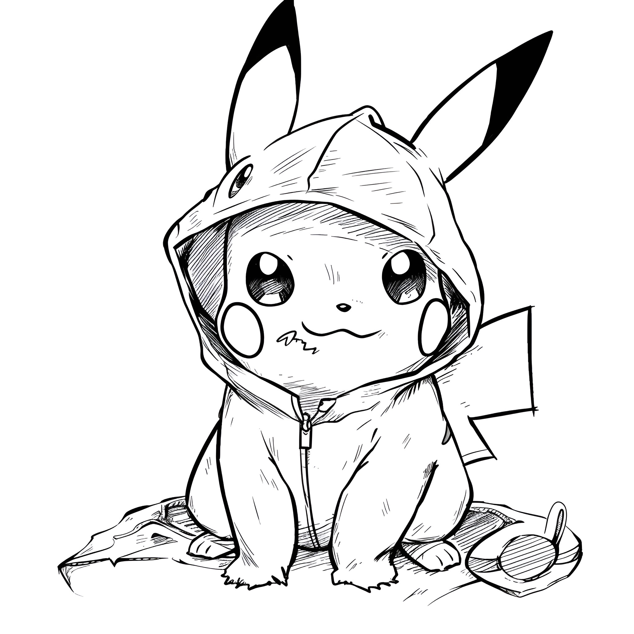 Pokemon Pikachu sitting with a curious expression Coloring Page (free black-and-white line drawing printable PDF for all, from beginners to advanced learners, including children, teens, adults, and seniors)