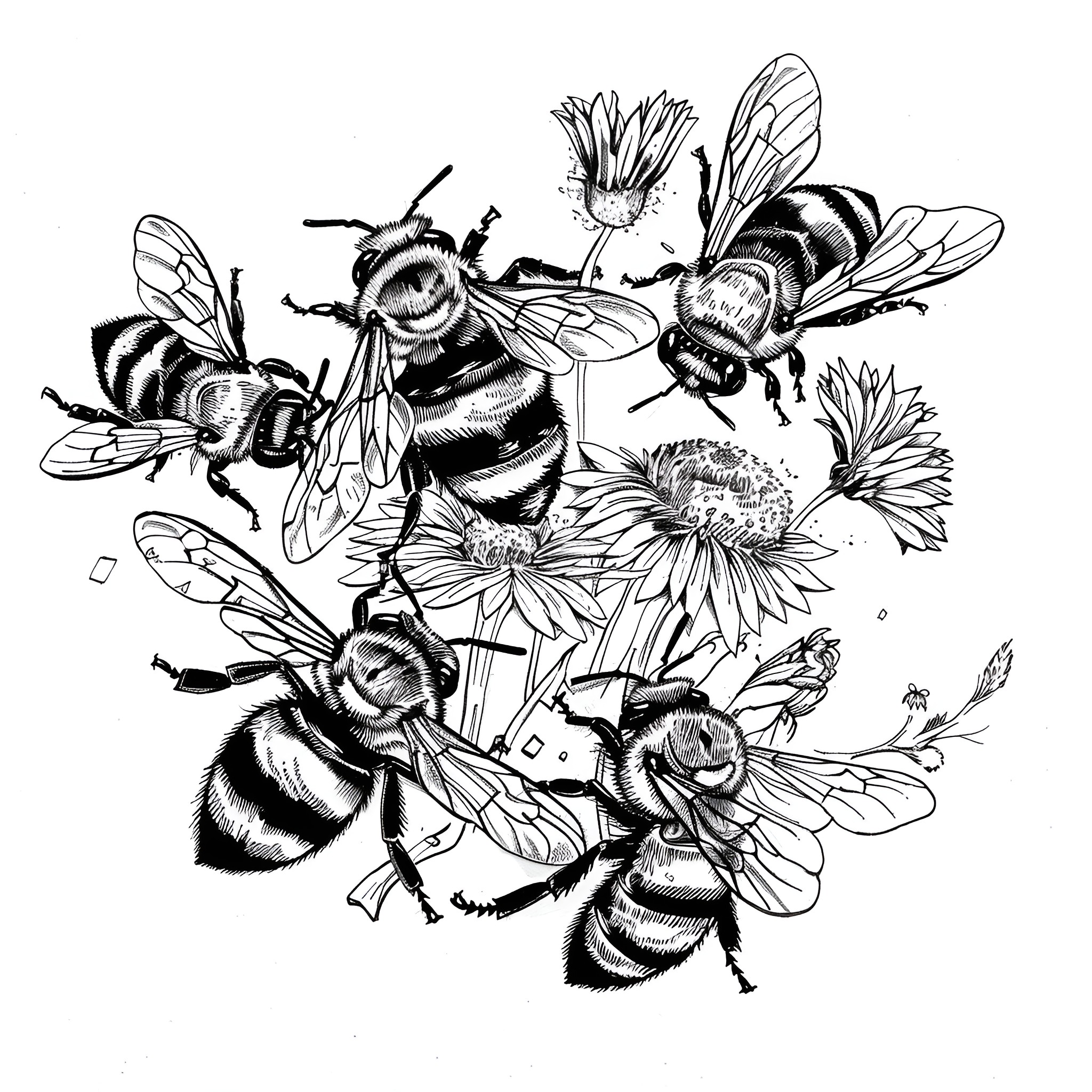 Bee colony gathering nectar from flowers Coloring Page (free black-and-white line drawing printable PDF for all, from beginners to advanced learners, including children, teens, adults, and seniors)