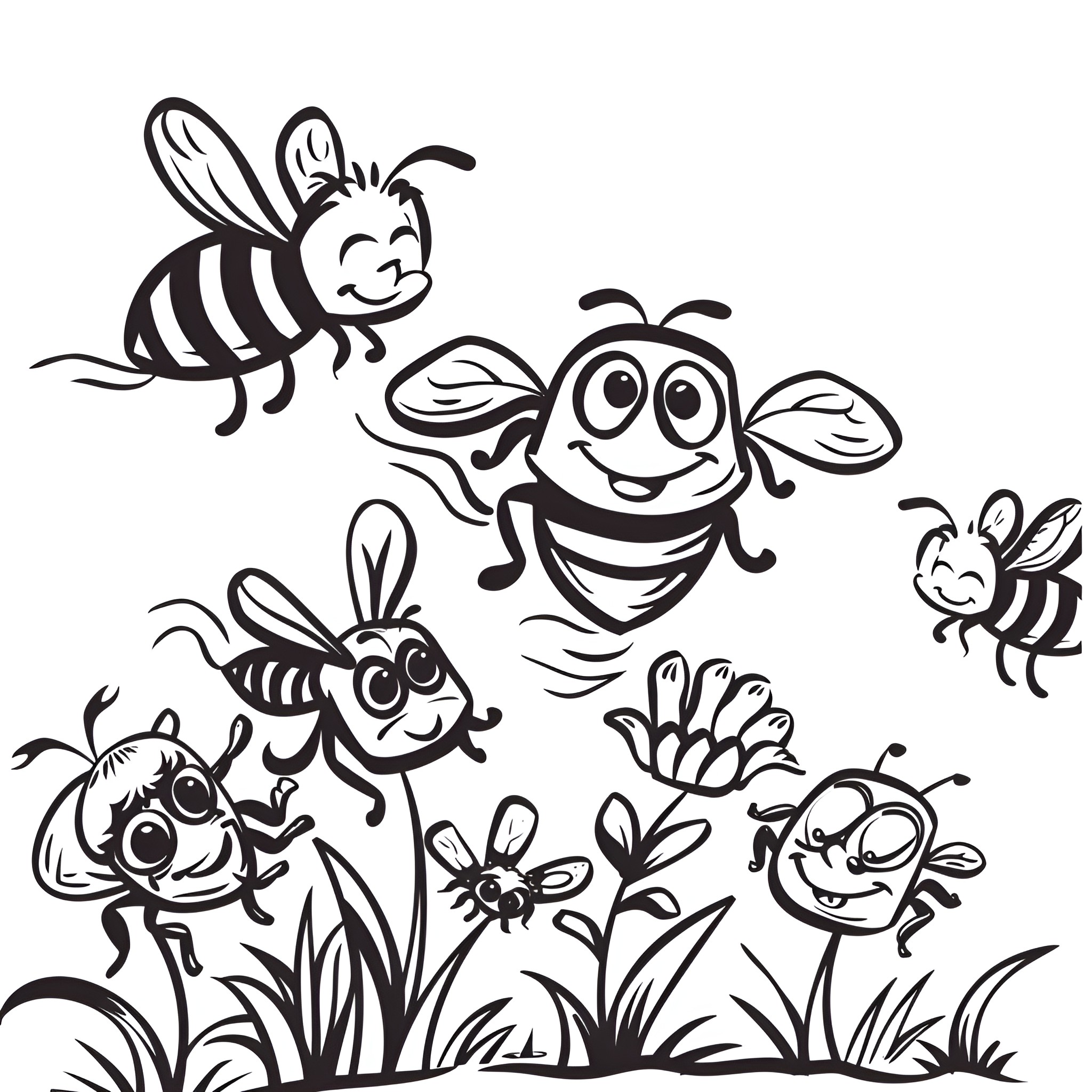 Bees buzzing happily among flowers Coloring Page (free black-and-white line drawing printable PDF for all, from beginners to advanced learners, including children, teens, adults, and seniors)
