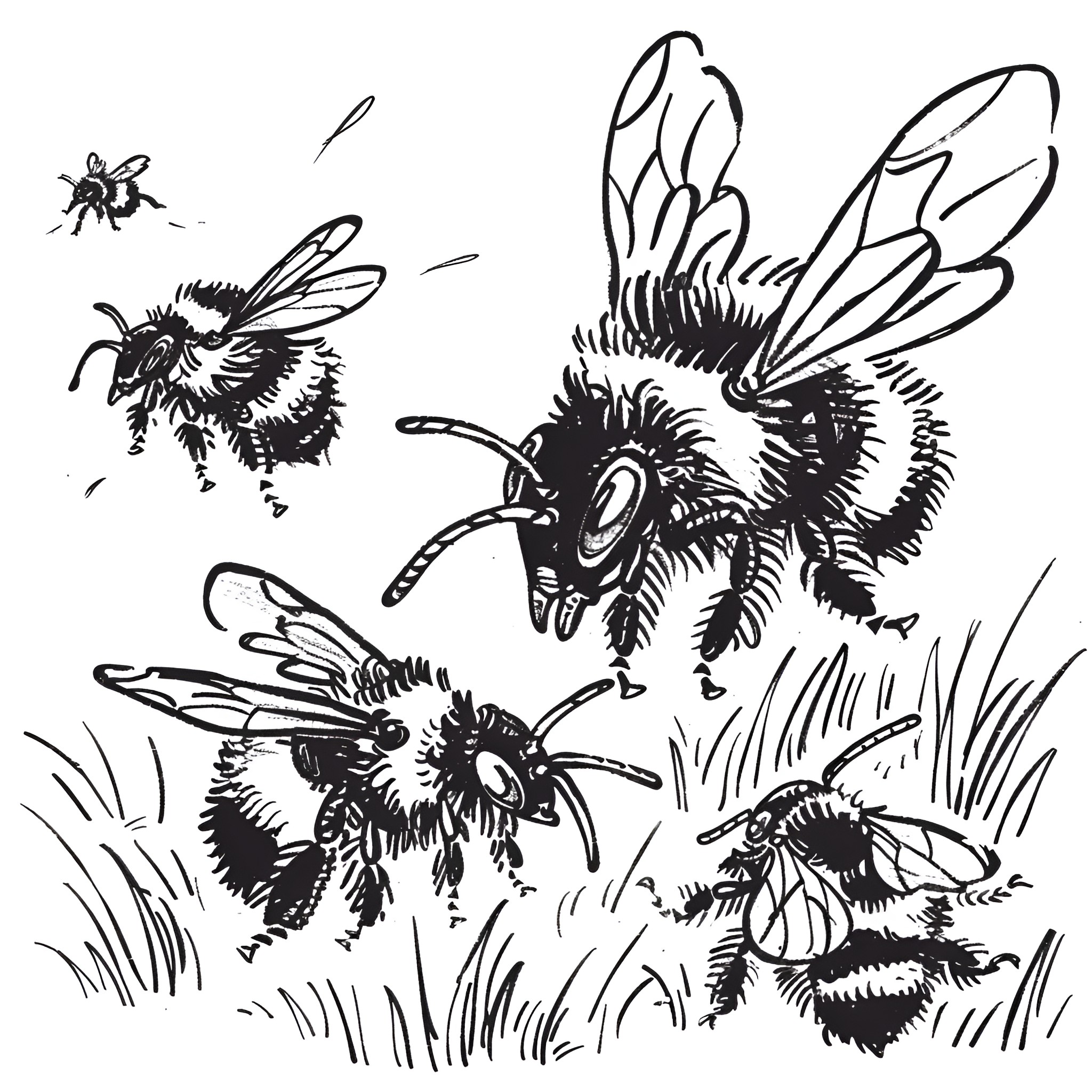 Bees buzzing and swarming in a field Coloring Page (free black-and-white line drawing printable PDF for all, from beginners to advanced learners, including children, teens, adults, and seniors)
