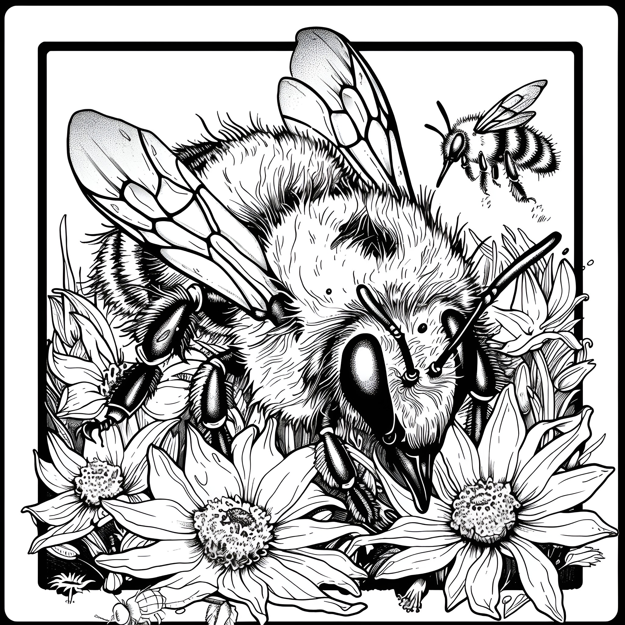 Bees pollinating vibrant flowers amidst a verdant scene Coloring Page (free black-and-white line drawing printable PDF for all, from beginners to advanced learners, including children, teens, adults, and seniors)