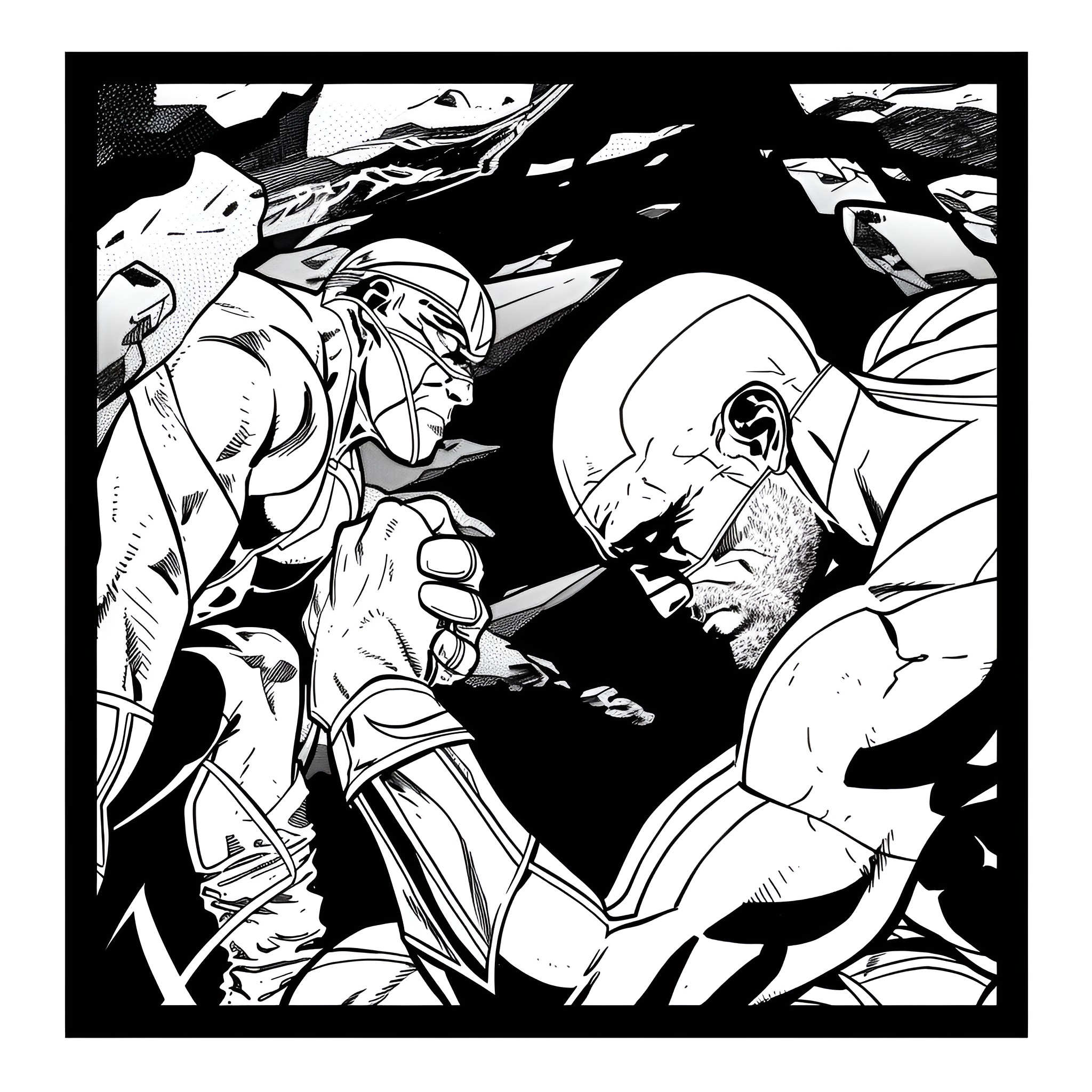 X-Men characters engaged in an intense battle scene Coloring Page (free black-and-white line drawing printable PDF for all, from beginners to advanced learners, including children, teens, adults, and seniors)