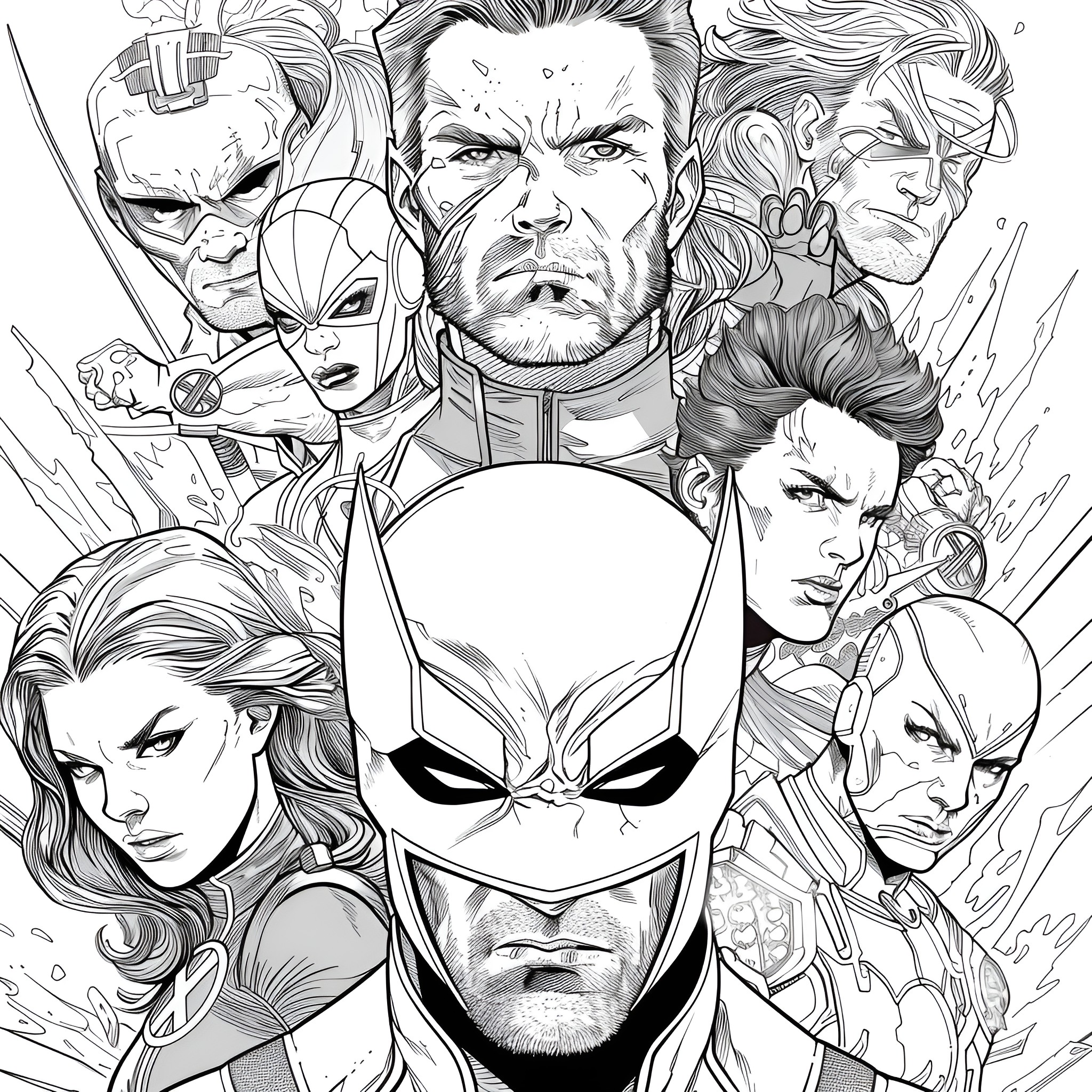 X-Men heroes in dynamic battle poses and intense expressions Coloring Page (free black-and-white line drawing printable PDF for all, from beginners to advanced learners, including children, teens, adults, and seniors)