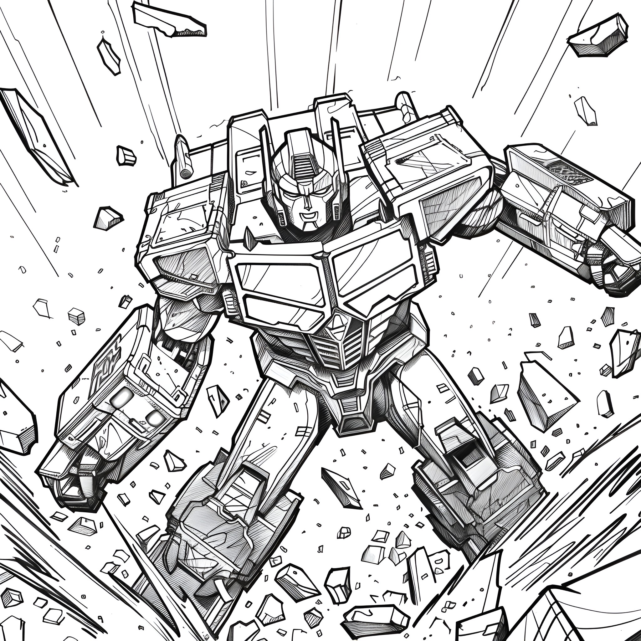 Transformers robot in intense action with debris flying around Coloring Page (free black-and-white line drawing printable PDF for all, from beginners to advanced learners, including children, teens, adults, and seniors)