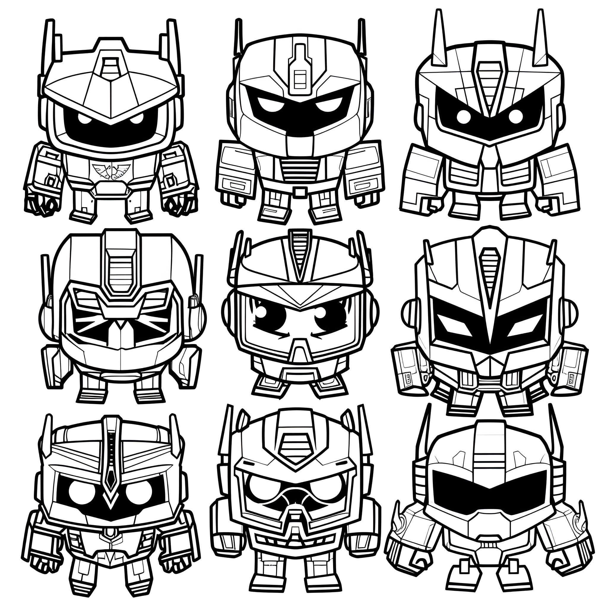 Transformers portrayed in various fierce and imposing poses Coloring Page (free black-and-white line drawing printable PDF for all, from beginners to advanced learners, including children, teens, adults, and seniors)