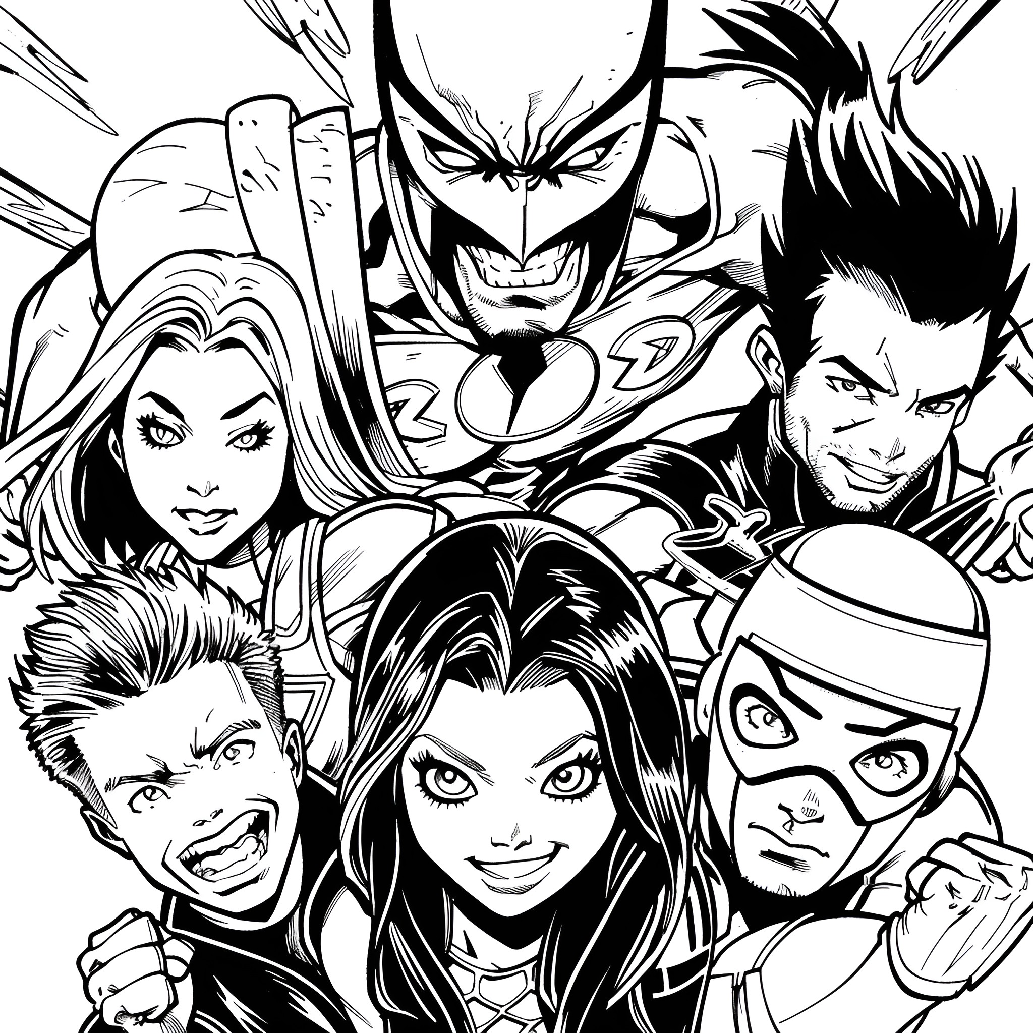 X-Men heroes in action, showcasing their intense expressions and powerful poses Coloring Page (free black-and-white line drawing printable PDF for all, from beginners to advanced learners, including children, teens, adults, and seniors)