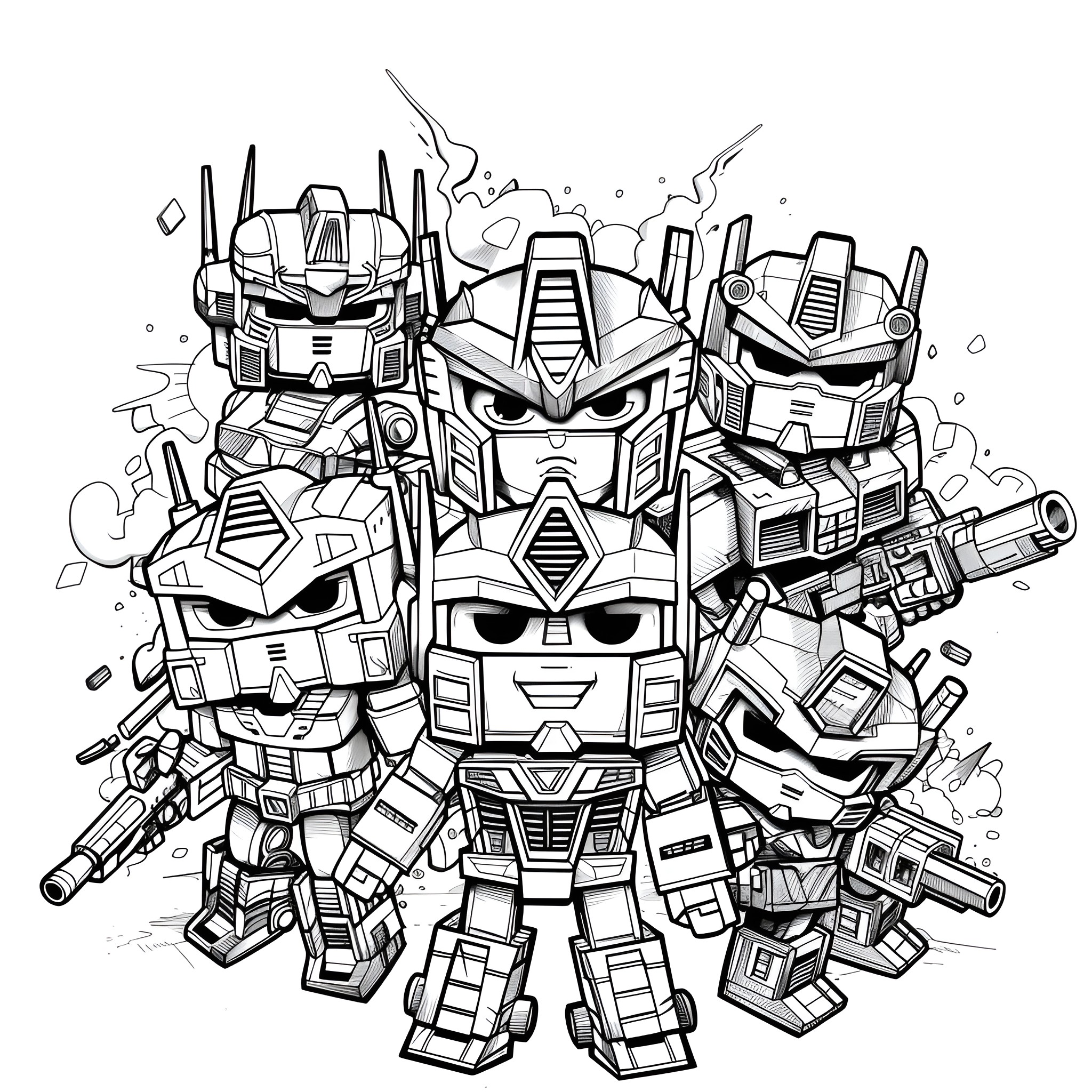Transformers heroic poses in epic robot battle Coloring Page (free black-and-white line drawing printable PDF for all, from beginners to advanced learners, including children, teens, adults, and seniors)