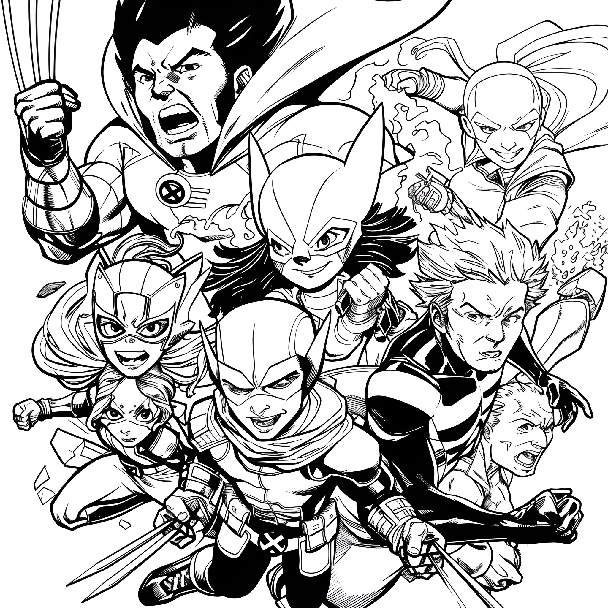 X-Men heroes in action-packed poses, showcasing their powers and fierce expressions. Coloring Page (free black-and-white line drawing printable PDF for all, from beginners to advanced learners, including children, teens, adults, and seniors)