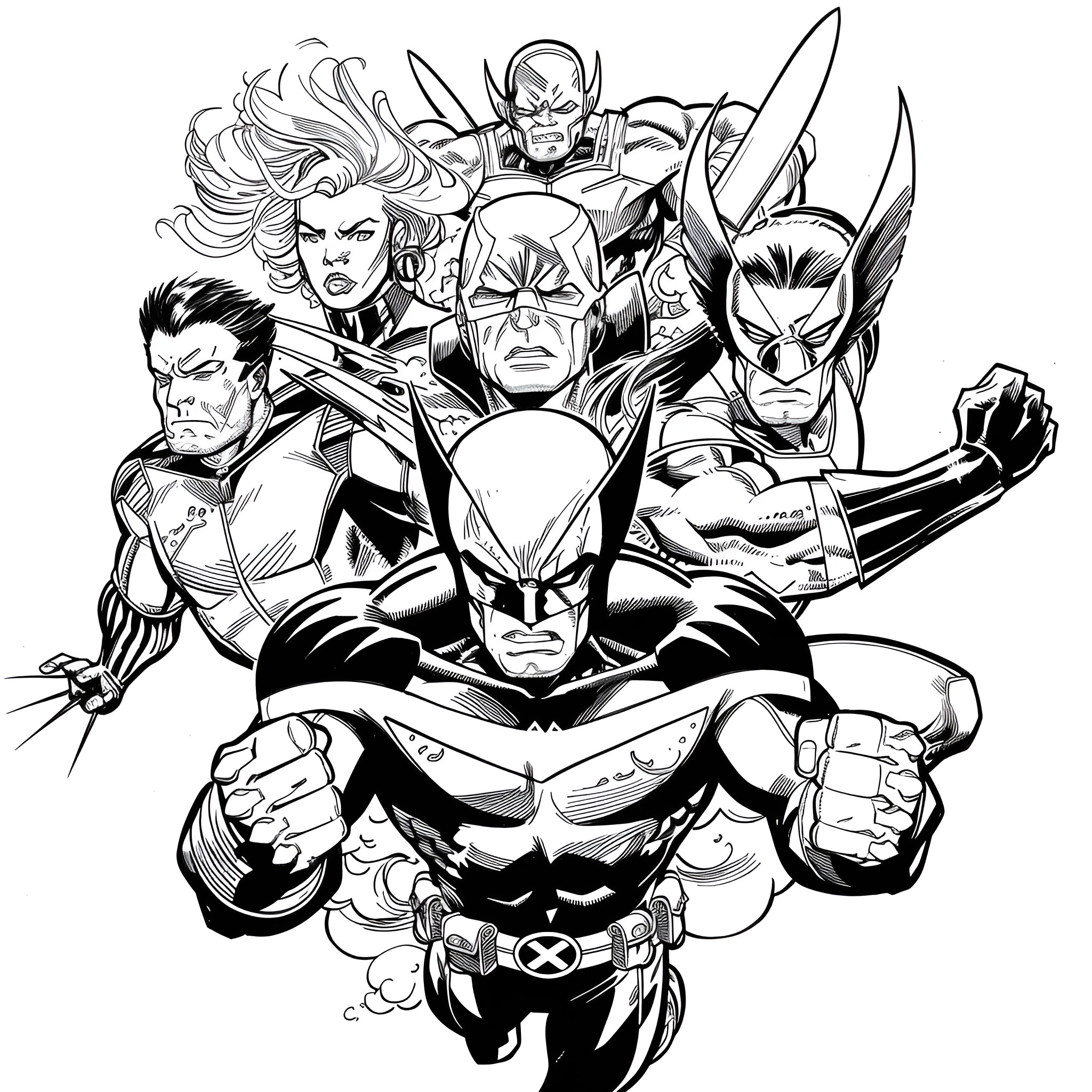 X-Men heroes in action-packed battle poses Coloring Page (free black-and-white line drawing printable PDF for all, from beginners to advanced learners, including children, teens, adults, and seniors)