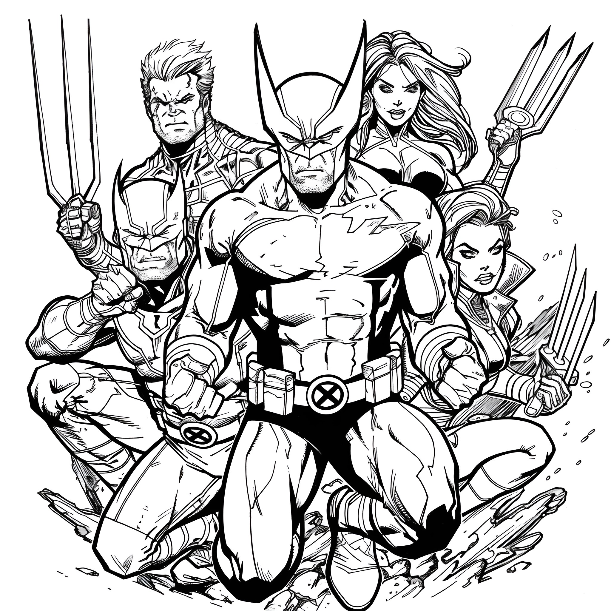 X-Men superheroes in intense action poses and battle-ready expressions Coloring Page (free black-and-white line drawing printable PDF for all, from beginners to advanced learners, including children, teens, adults, and seniors)