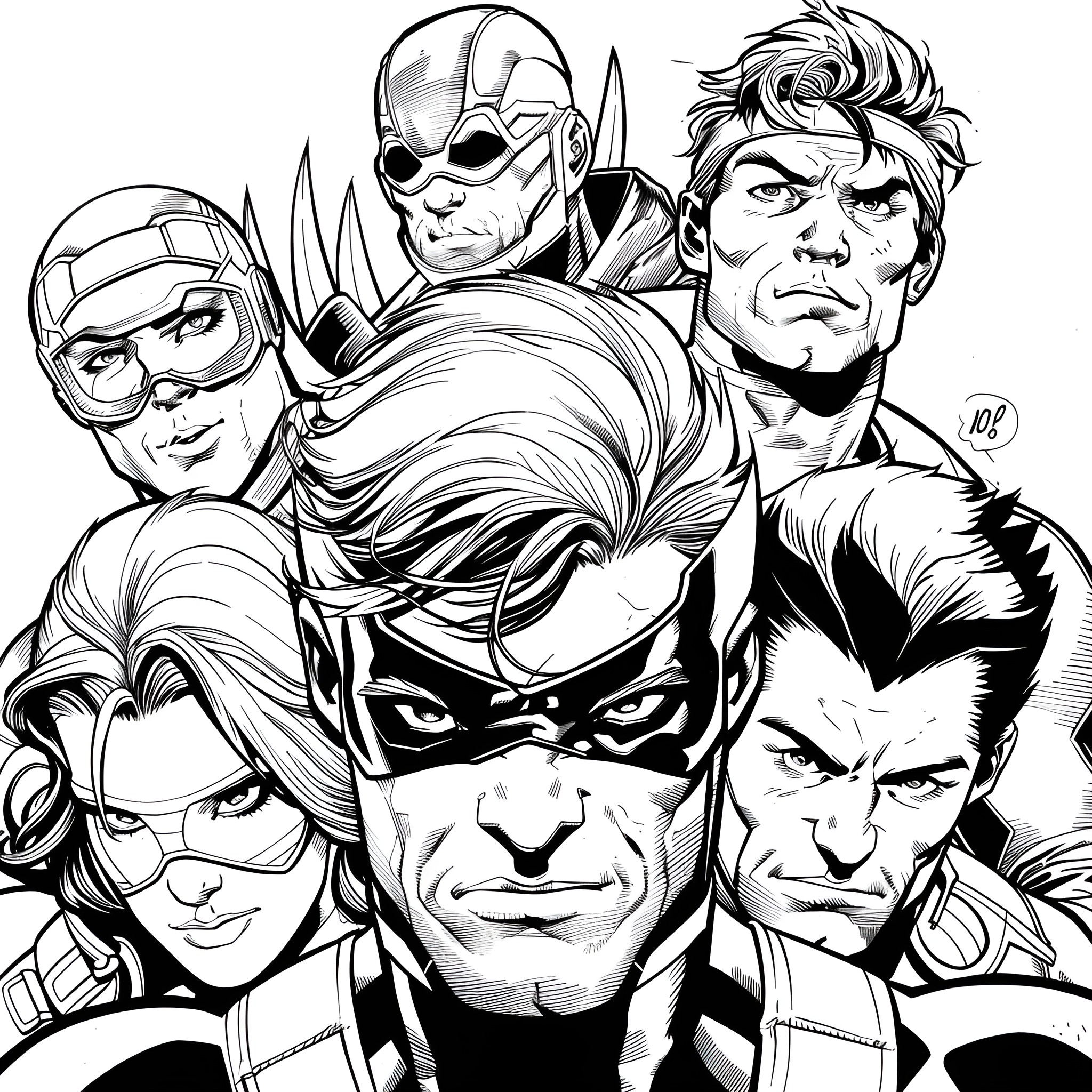 X-Men heroes in intense action poses and expressions Coloring Page (free black-and-white line drawing printable PDF for all, from beginners to advanced learners, including children, teens, adults, and seniors)
