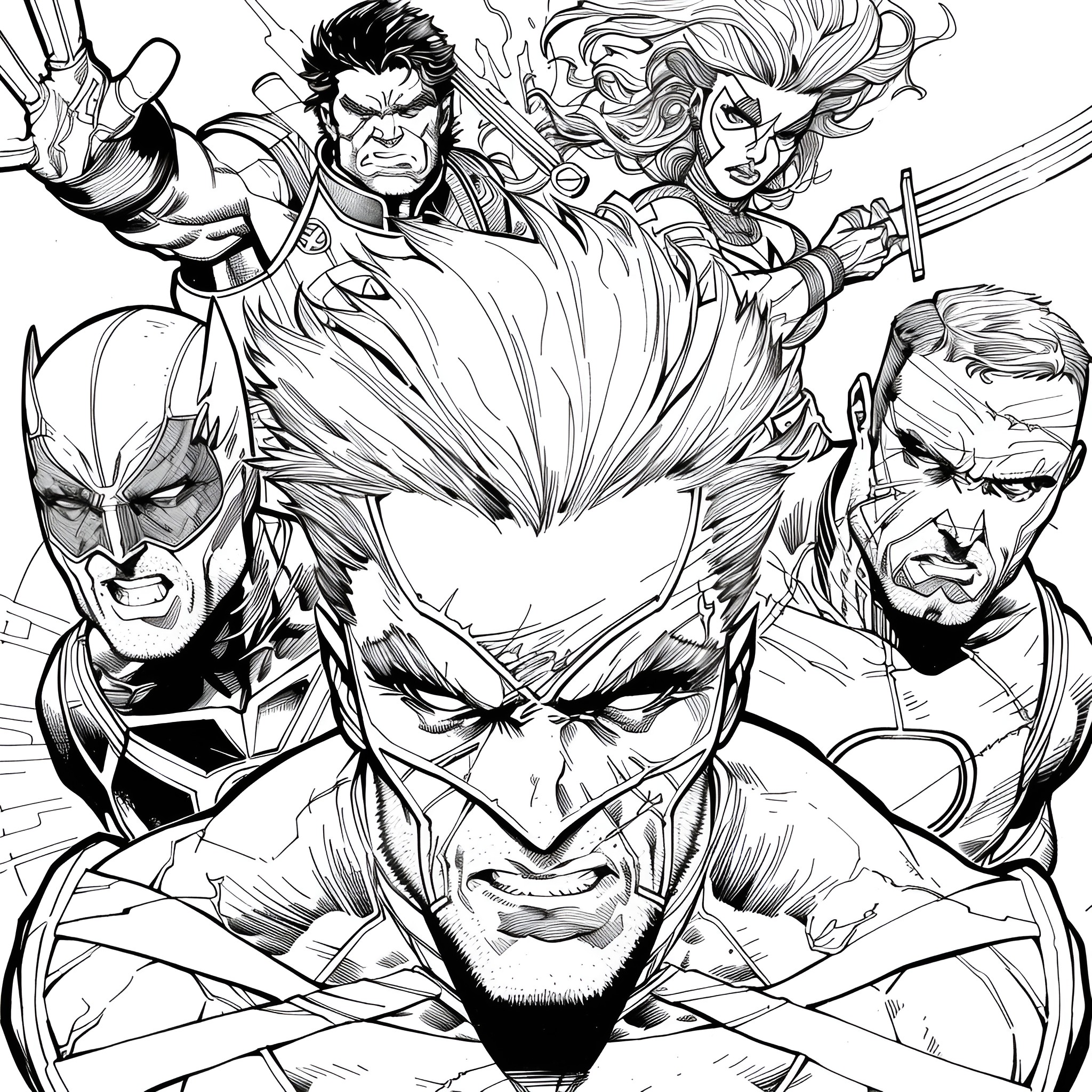 X-Men heroes in action-packed battle, expressions intense Coloring Page (free black-and-white line drawing printable PDF for all, from beginners to advanced learners, including children, teens, adults, and seniors)