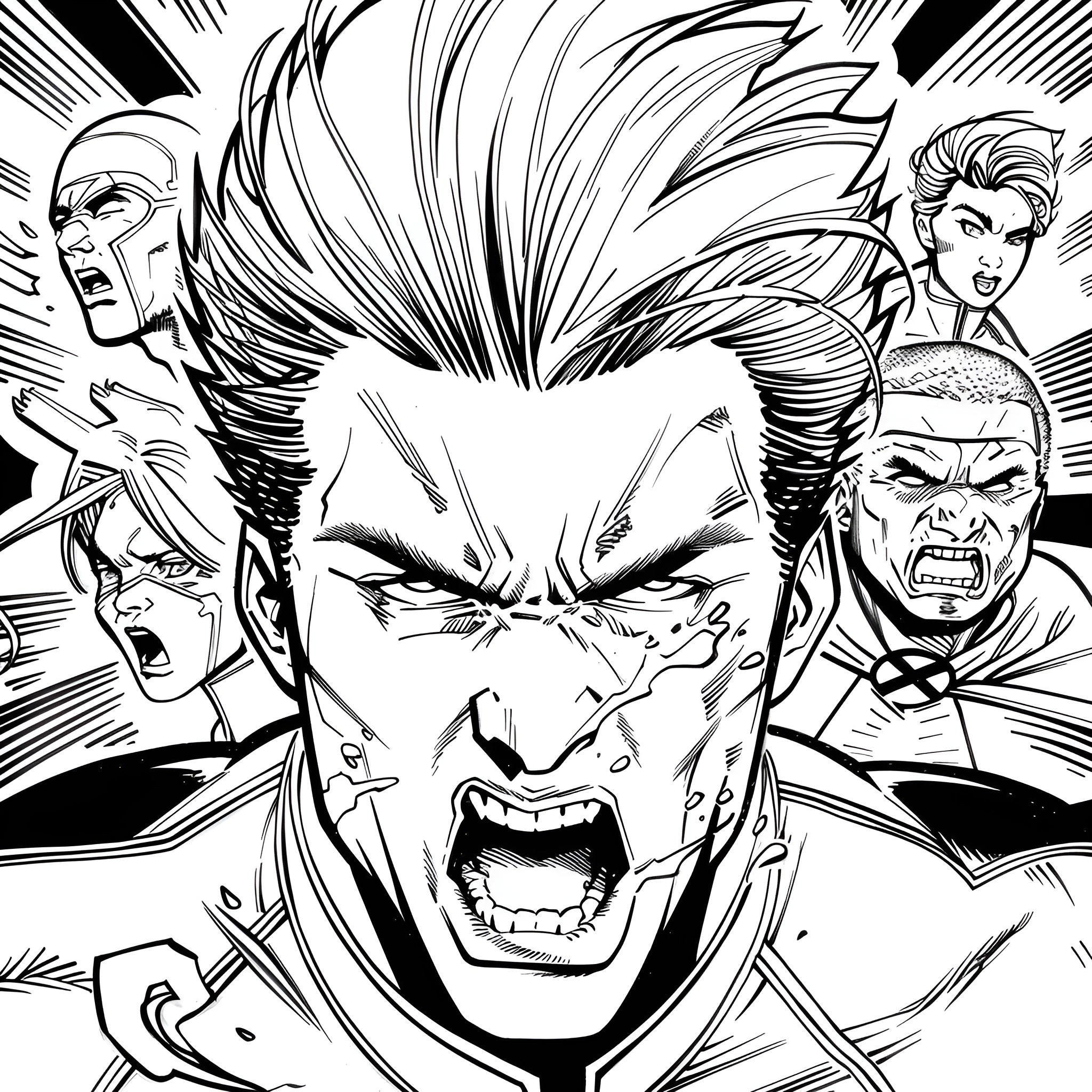 X-Men heroes in action-packed comic book style Coloring Page (free black-and-white line drawing printable PDF for all, from beginners to advanced learners, including children, teens, adults, and seniors)
