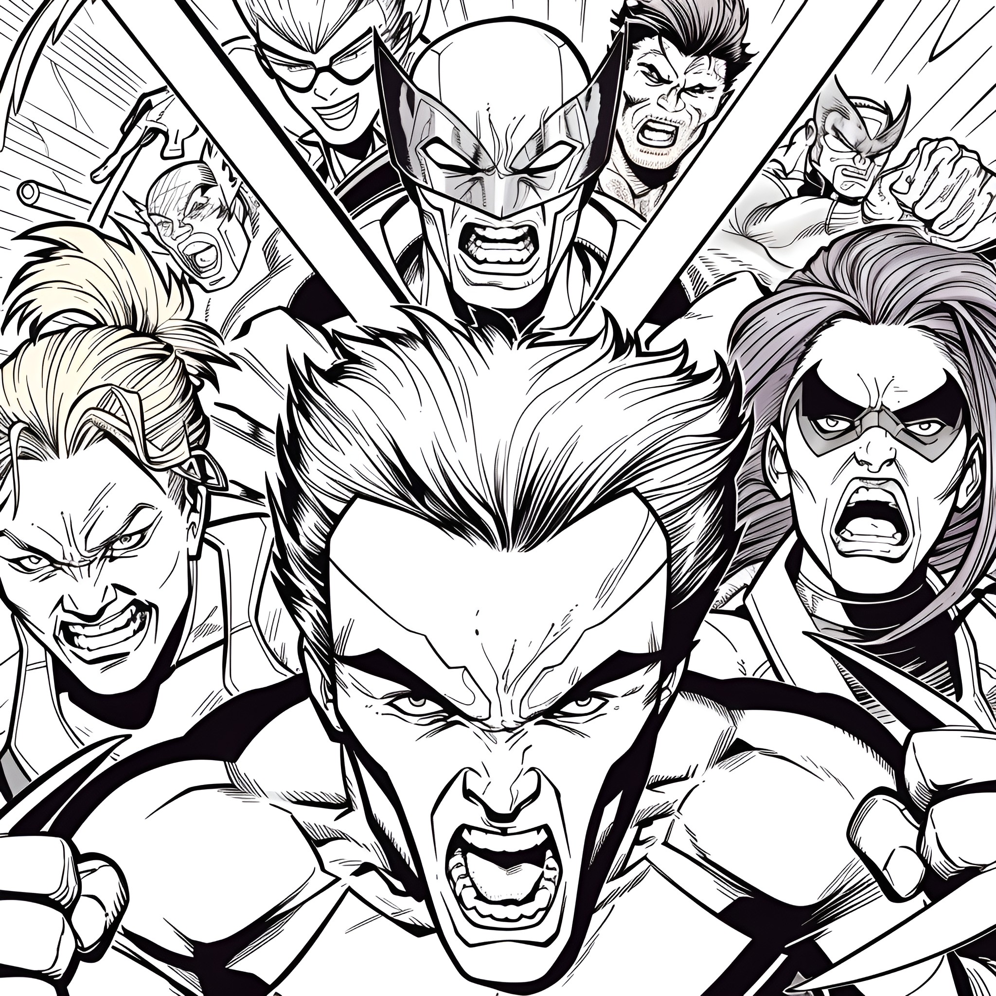 X-Men heroes in action-packed, intense expressions Coloring Page (free black-and-white line drawing printable PDF for all, from beginners to advanced learners, including children, teens, adults, and seniors)