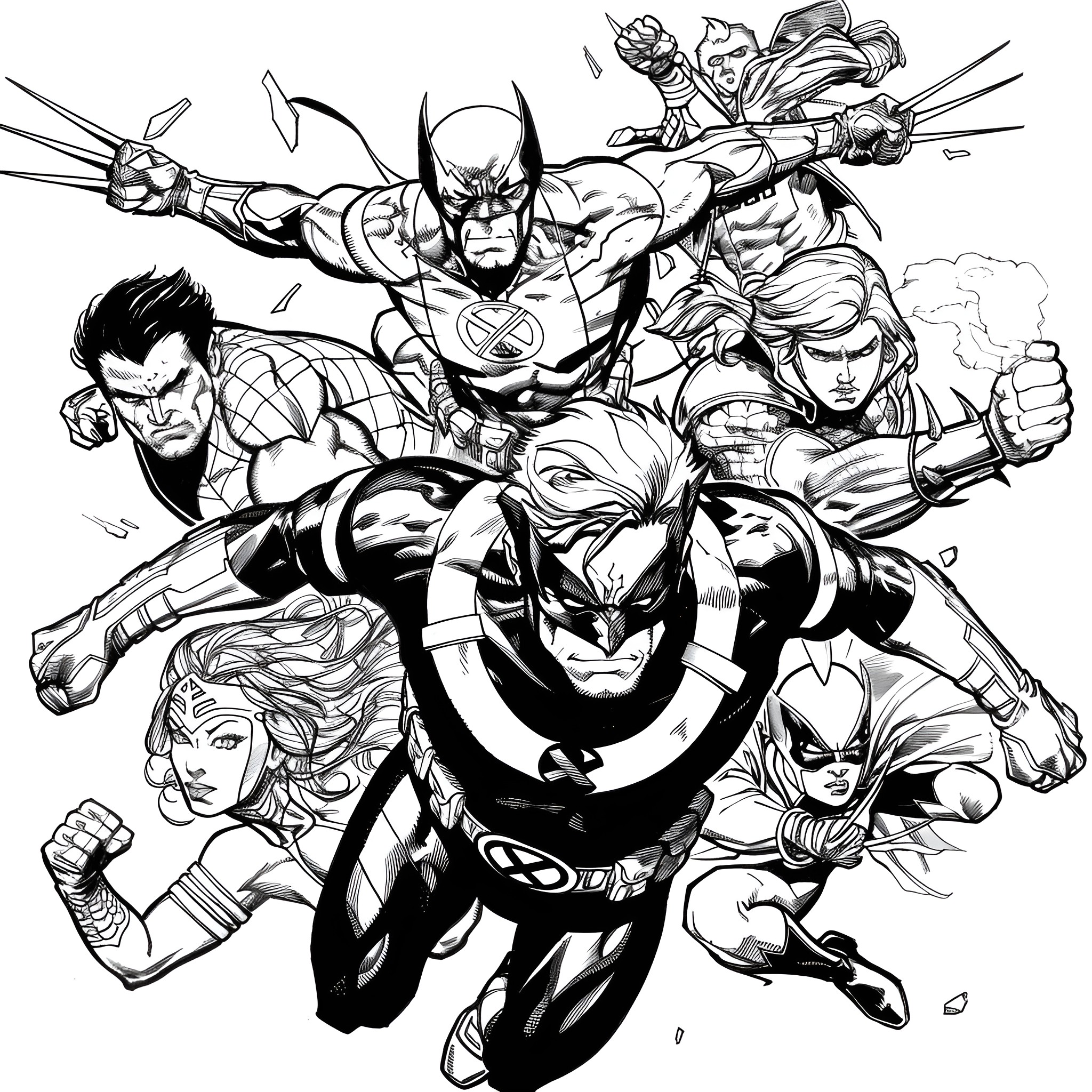 X-Men heroes unleashing their powers in an intense action scene Coloring Page (free black-and-white line drawing printable PDF for all, from beginners to advanced learners, including children, teens, adults, and seniors)
