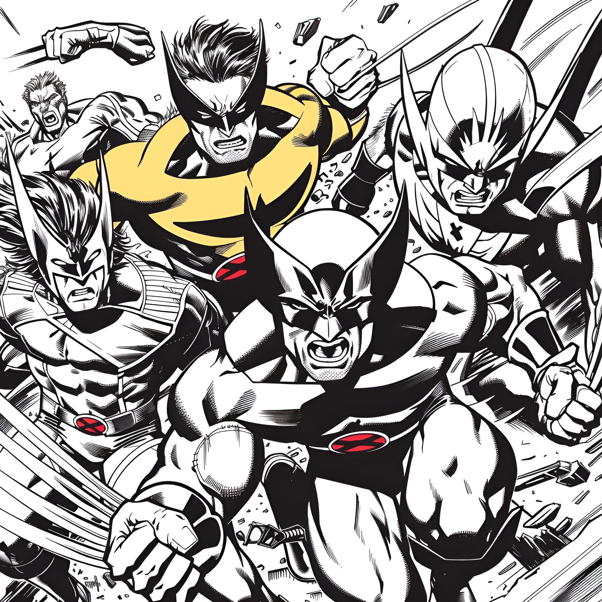 X-Men superheroes in dynamic action poses Coloring Page (free black-and-white line drawing printable PDF for all, from beginners to advanced learners, including children, teens, adults, and seniors)