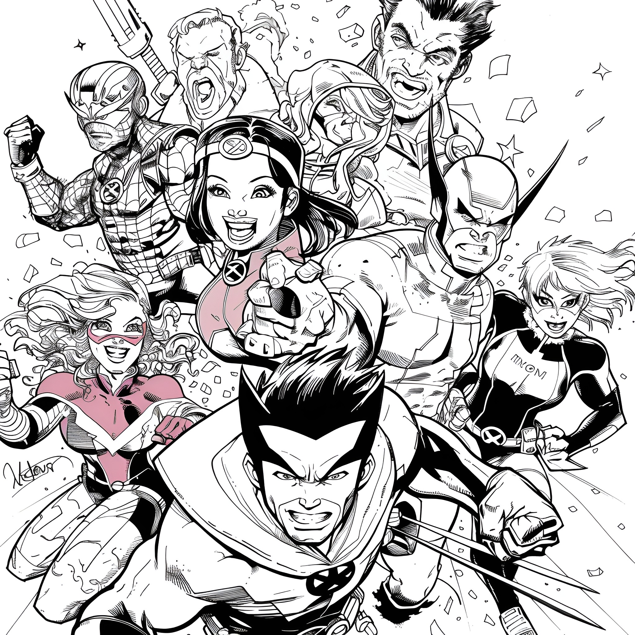 X-Men heroes engaged in dynamic action and expressive poses Coloring Page (free black-and-white line drawing printable PDF for all, from beginners to advanced learners, including children, teens, adults, and seniors)