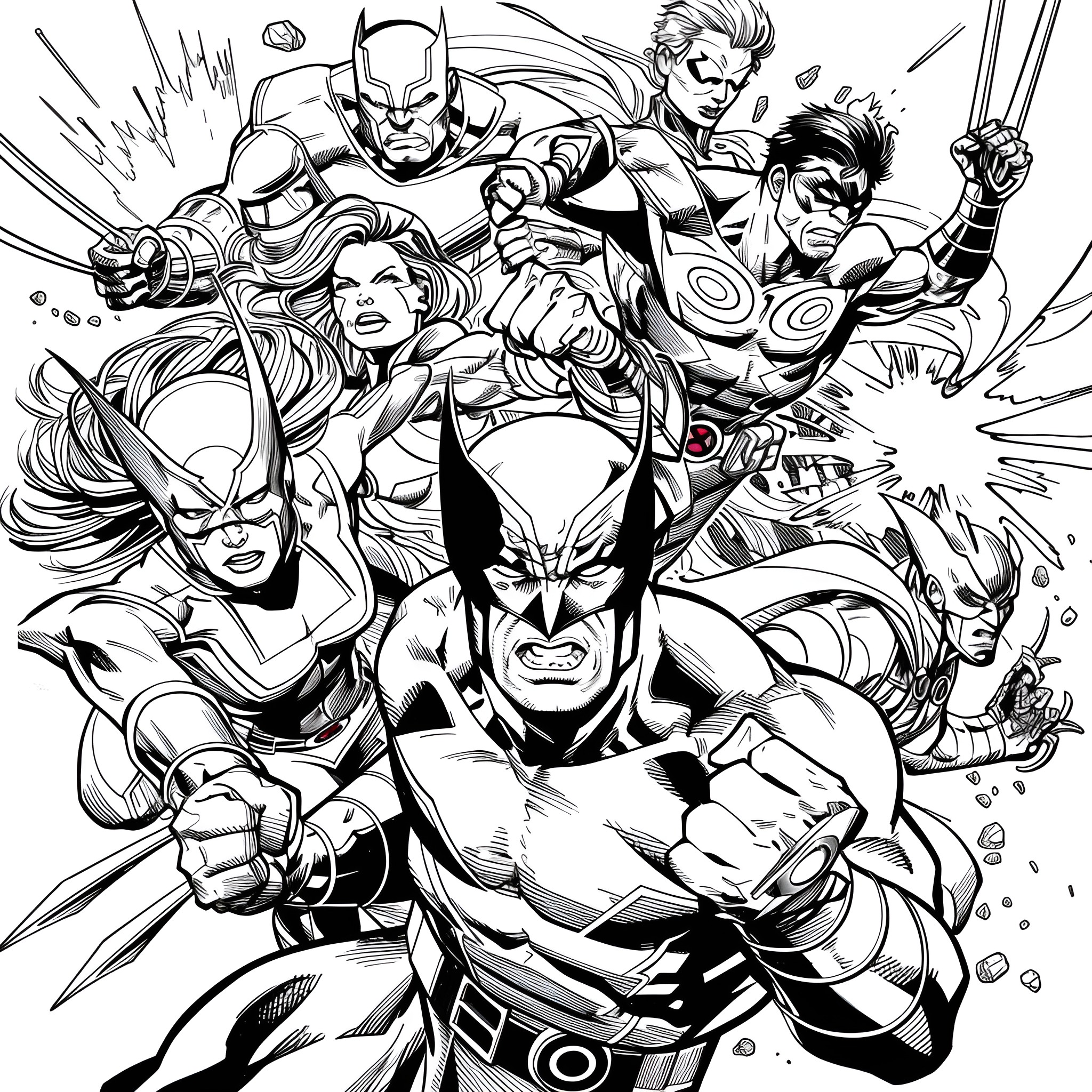 X-Men heroes battling fiercely in an intense action scene Coloring Page (free black-and-white line drawing printable PDF for all, from beginners to advanced learners, including children, teens, adults, and seniors)